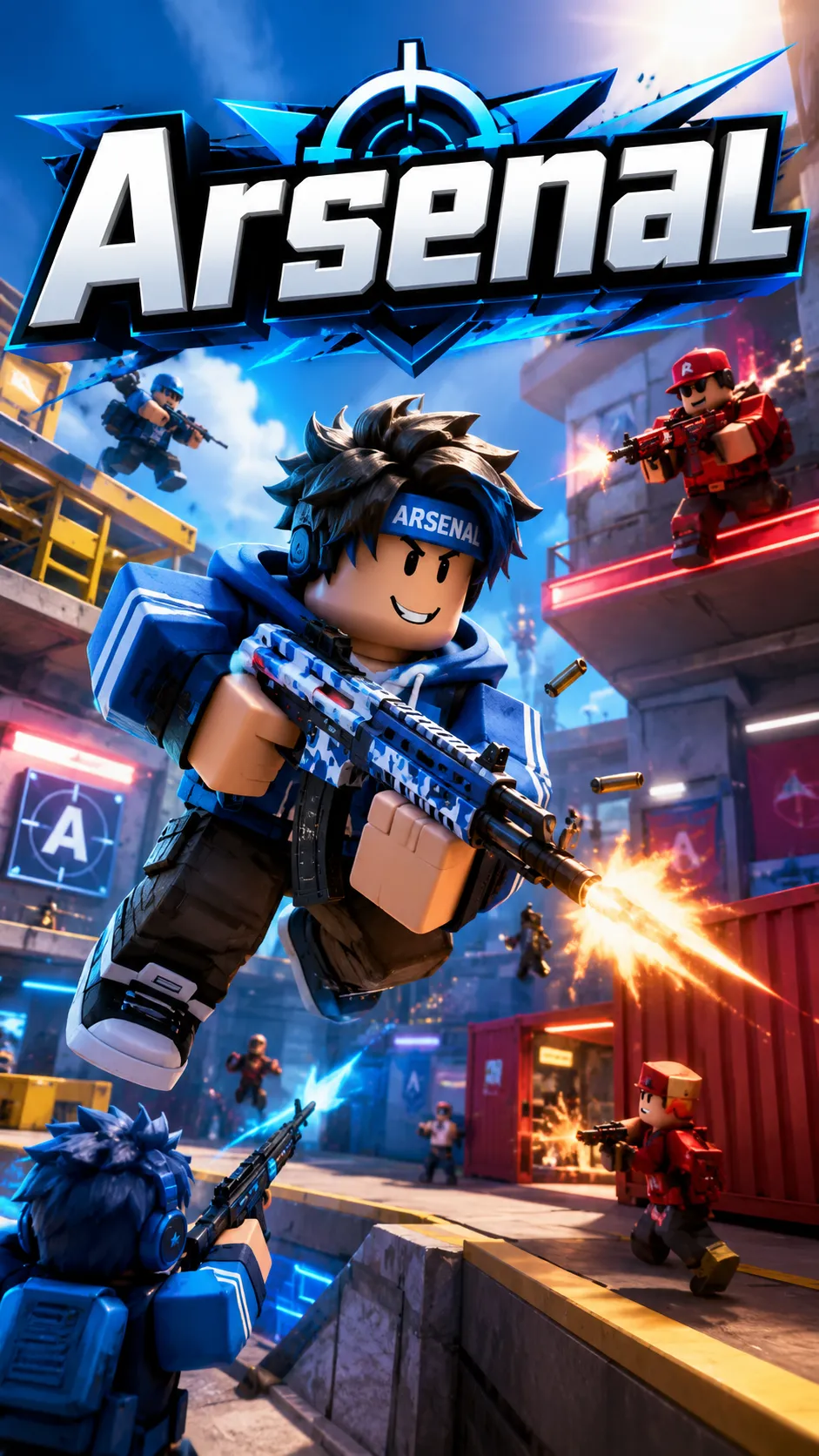 Hình nền mobile Roblox Arsenal với avatar cầm súng giữa trận đấu đô thị rực lửa