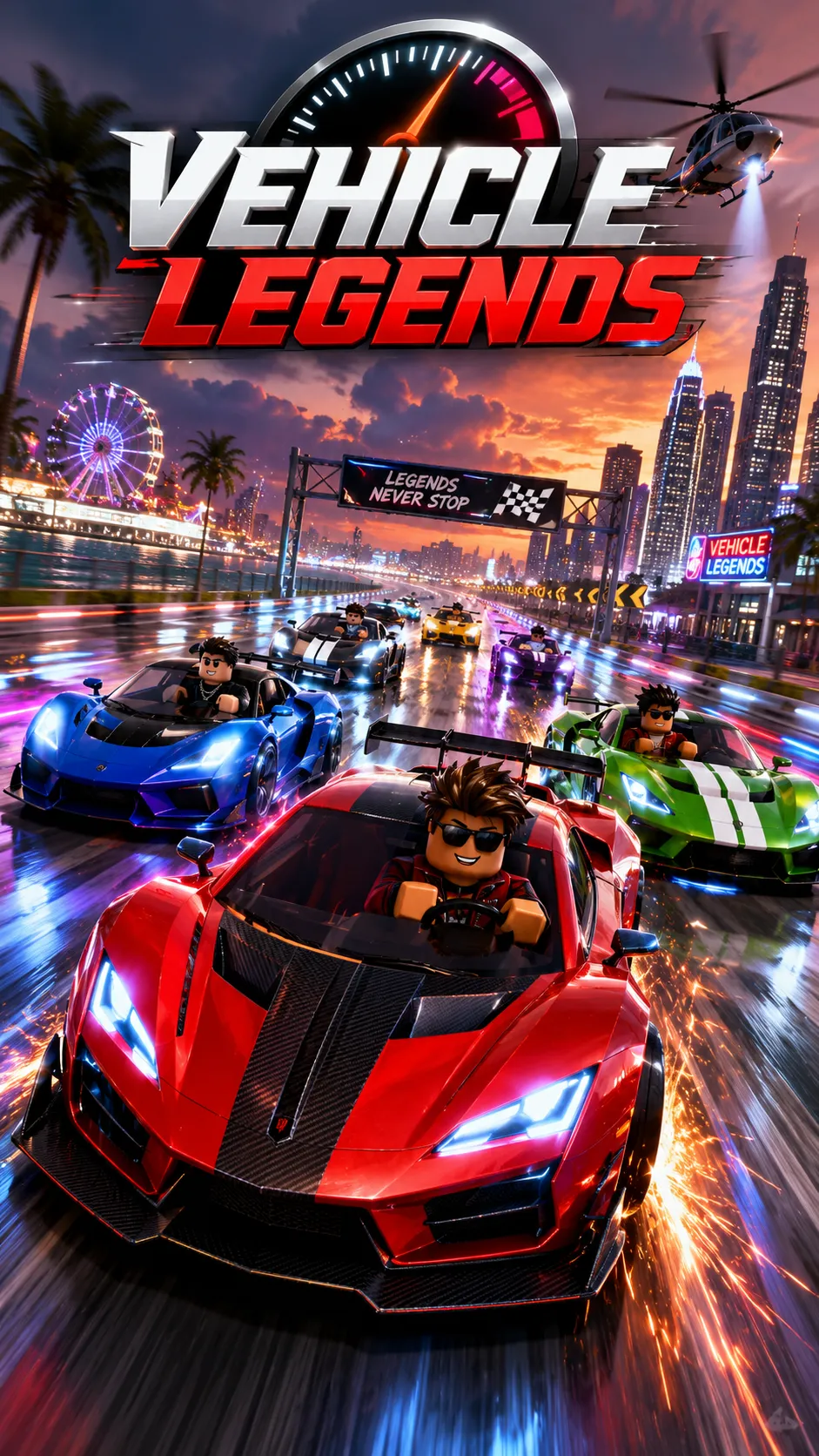 Hình nền dọc Roblox Vehicle Legends với siêu xe đua trên phố thành phố rực sáng dành cho điện thoại