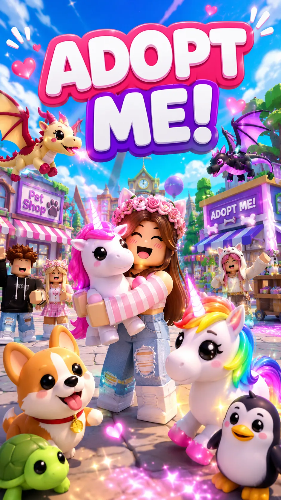 Hình nền dọc Roblox Adopt Me với cô bé ôm kỳ lân giữa phố rực rỡ
