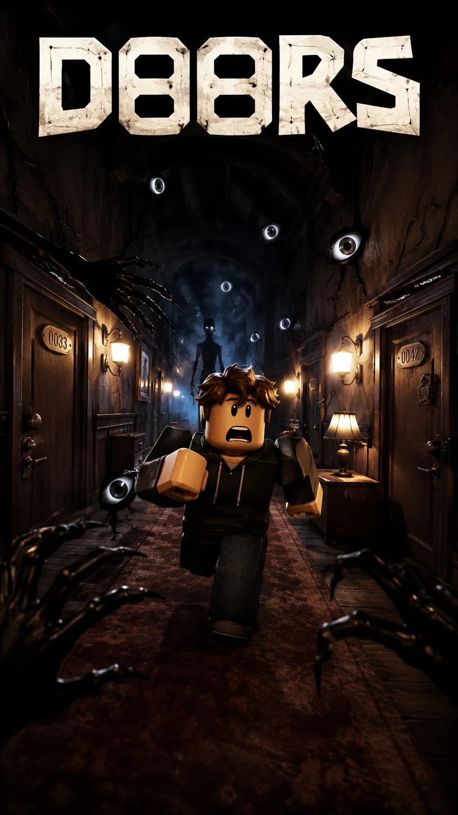 Nhân vật Roblox chạy trong hành lang khách sạn tối, nhiều con mắt phát sáng, hình nền dọc cho điện thoại