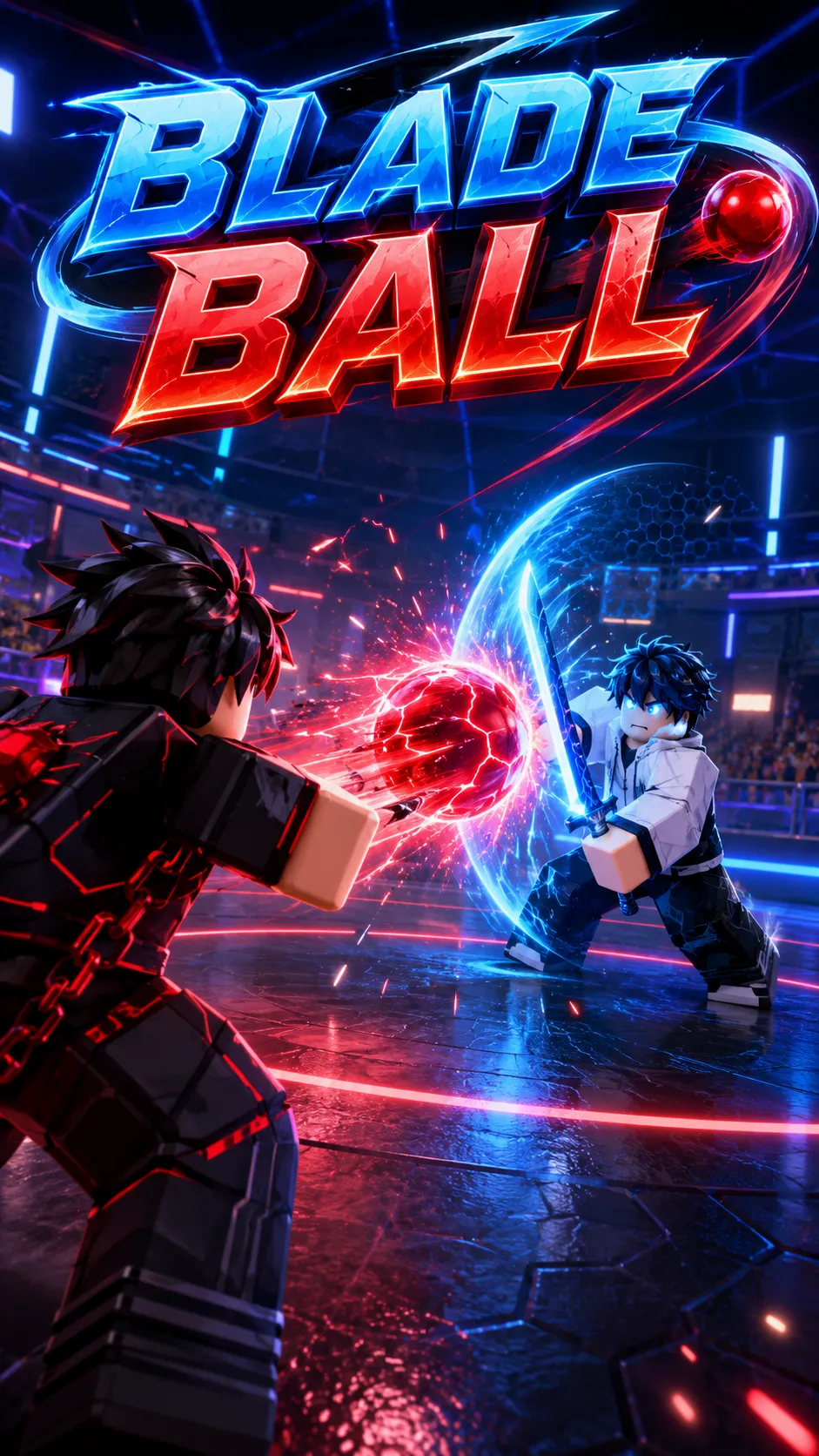 Hai avatar Roblox đối đầu trong trận đấu Blade Ball giữa hiệu ứng năng lượng đỏ xanh, ảnh nền dọc cho điện thoại