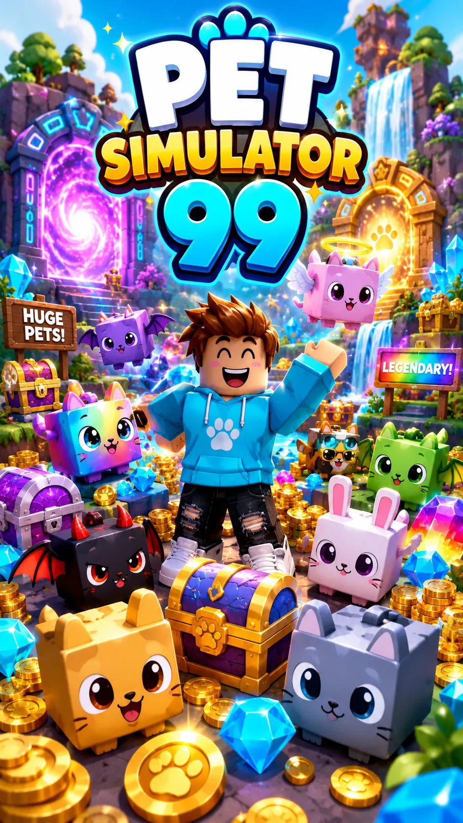Hình nền dọc Roblox Pet Simulator 99 với avatar áo xanh, thú cưng nhiều màu và rương báu trong thế giới giả tưởng