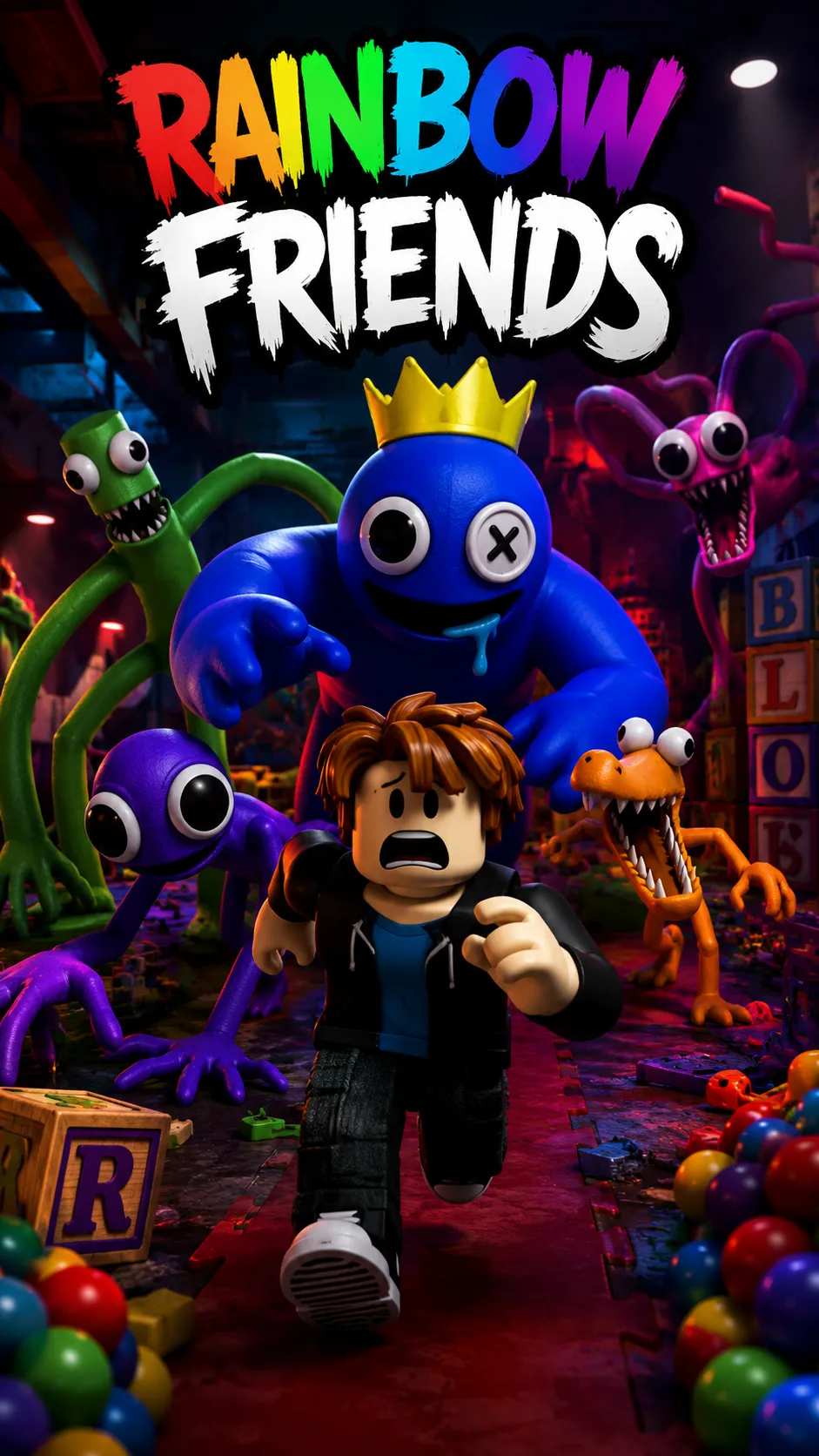 Hình nền Roblox Rainbow Friends với avatar chạy giữa các quái vật đầy màu sắc trong bối cảnh tối