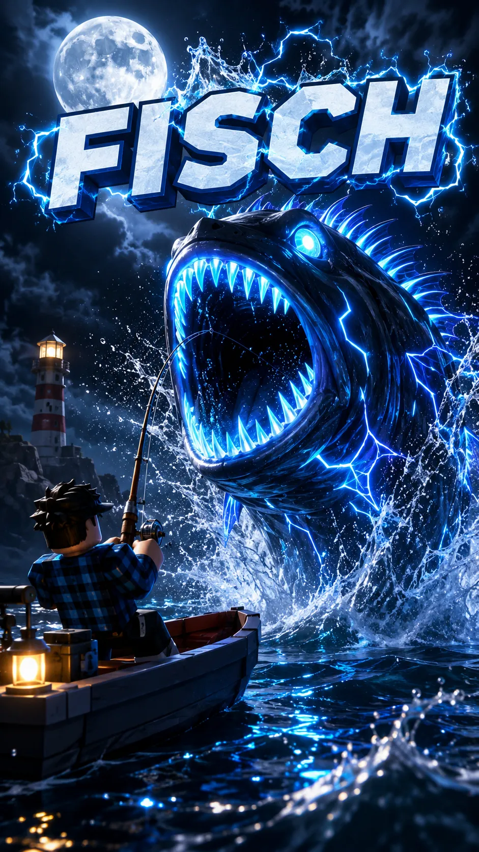 Hình nền Roblox dọc với người câu cá đối mặt quái vật biển phát sáng giữa sóng đêm