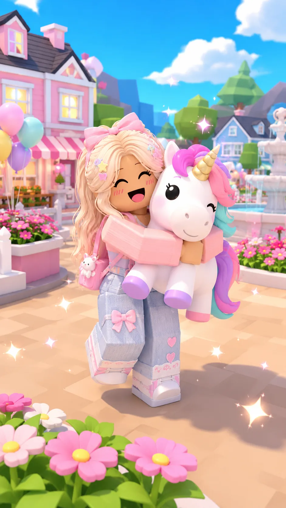 Nhân vật nữ Roblox tóc vàng cài nơ hồng đang ôm chặt thú bông kỳ lân trắng giữa khu phố đầy màu sắc