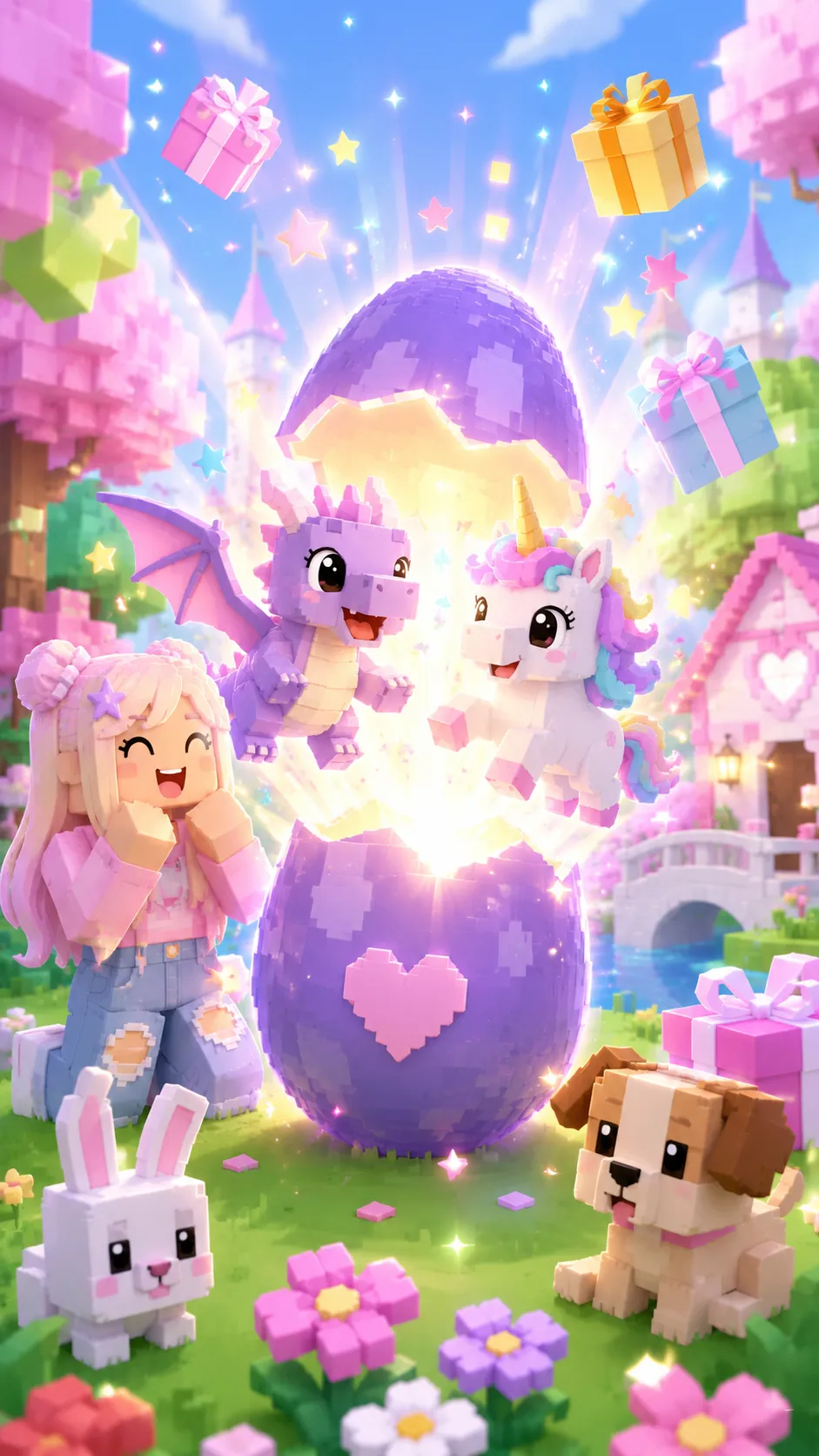 Hình nền Roblox Adopt Me dọc với kỳ lân, rồng và chó quanh trứng tím phát sáng cho điện thoại
