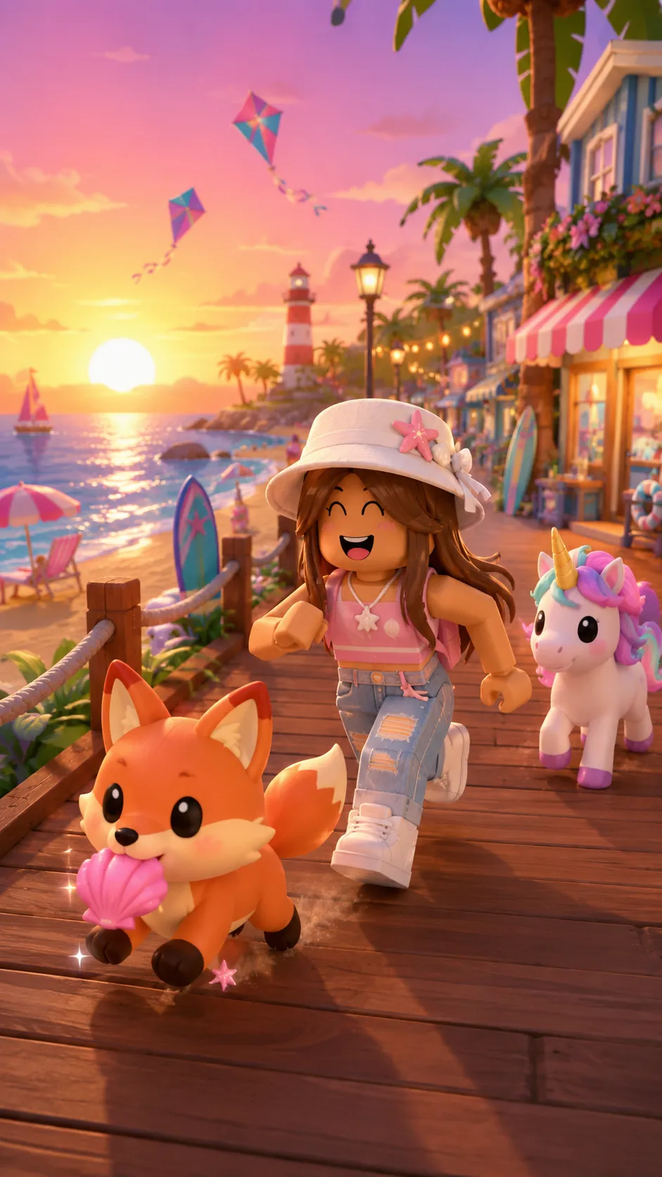 Hình nền Roblox Adopt Me dọc với nhân vật chạy trên cầu gỗ ven biển cùng cáo và kỳ lân lúc hoàng hôn cho mobile