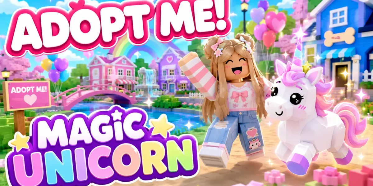Hình nền Roblox Adopt Me với avatar bên kỳ lân cầu vồng trong khu phố đầy bóng bay, dành cho màn hình PC 16:9