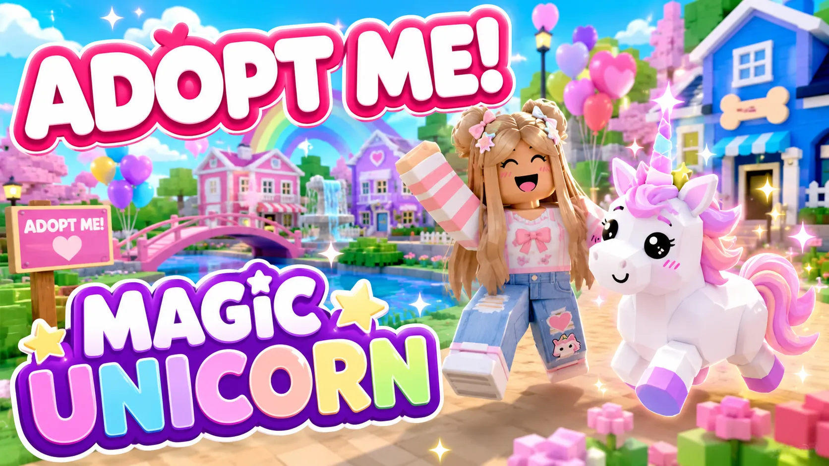 Nhân vật nữ phong cách Roblox đứng vẫy tay cạnh kỳ lân trắng bờm hồng tím trước cây cầu và kênh nước thị trấn Adopt Me