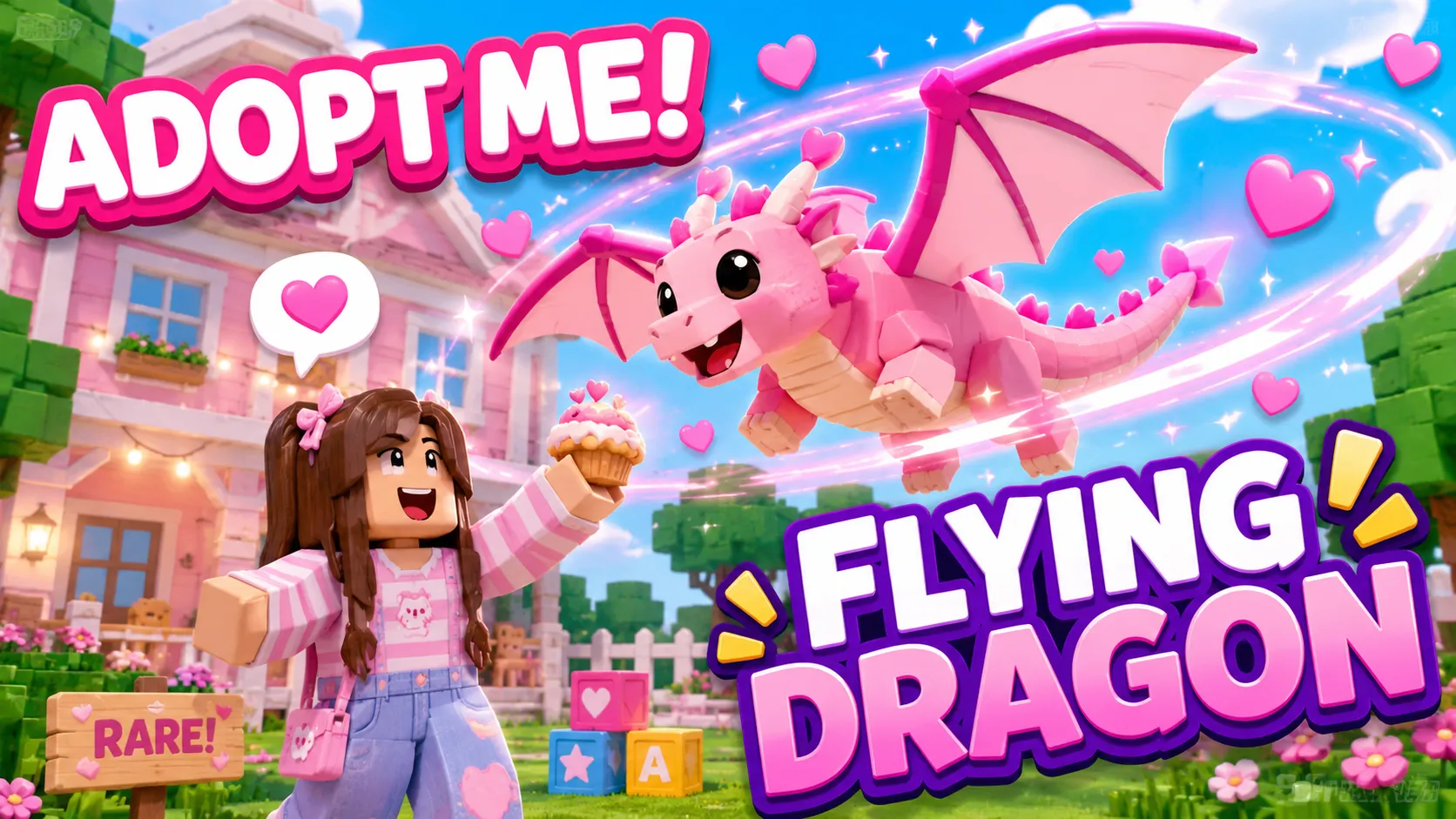 Nhân vật nữ giơ bánh cupcake cho rồng màu hồng đang bay lượn trước ngôi nhà sân vườn trong Roblox Adopt Me