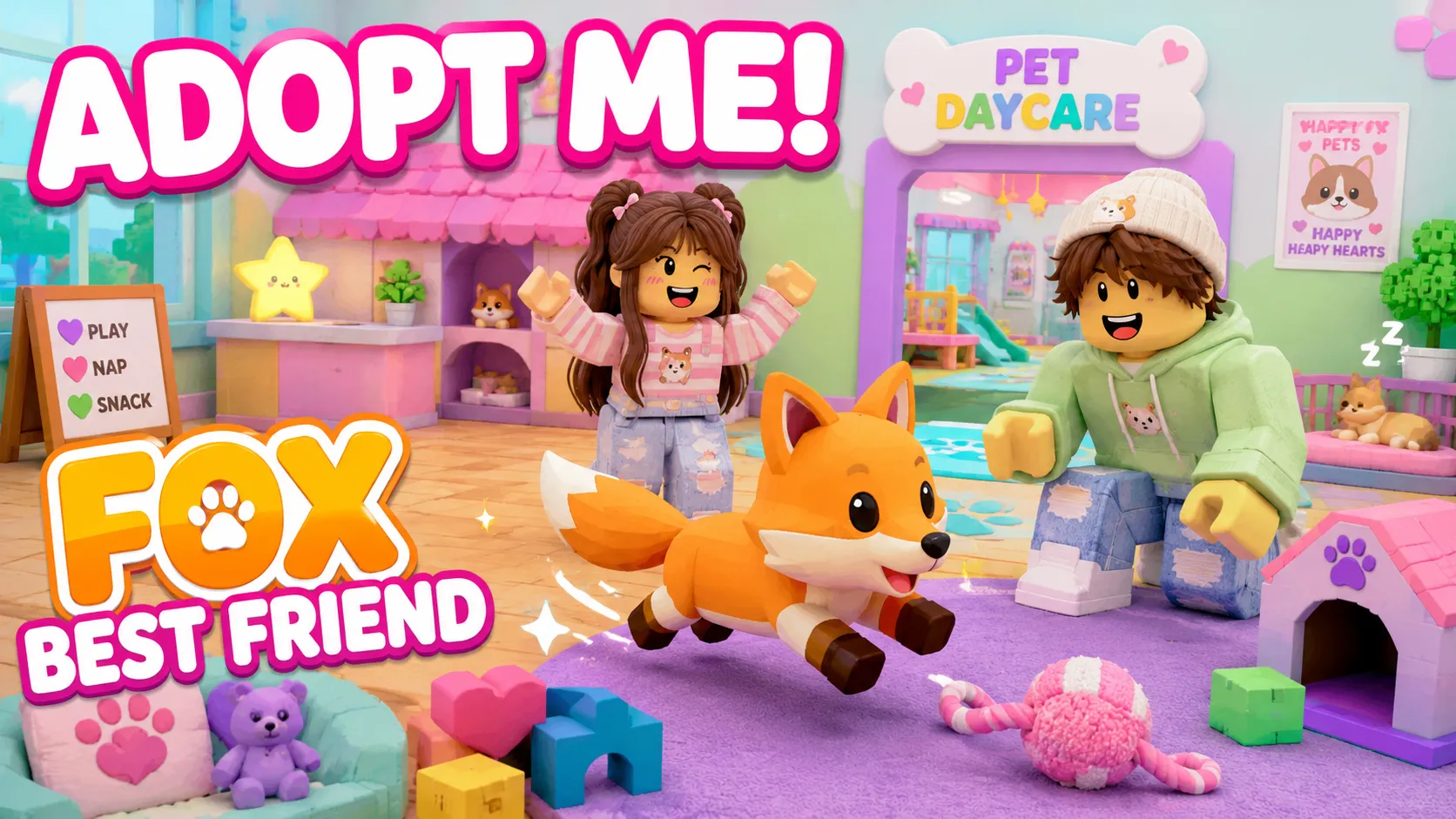 Hai nhân vật khối vuông chơi đùa cùng chú cáo cam trong phòng Pet Daycare rực rỡ sắc màu của Adopt Me