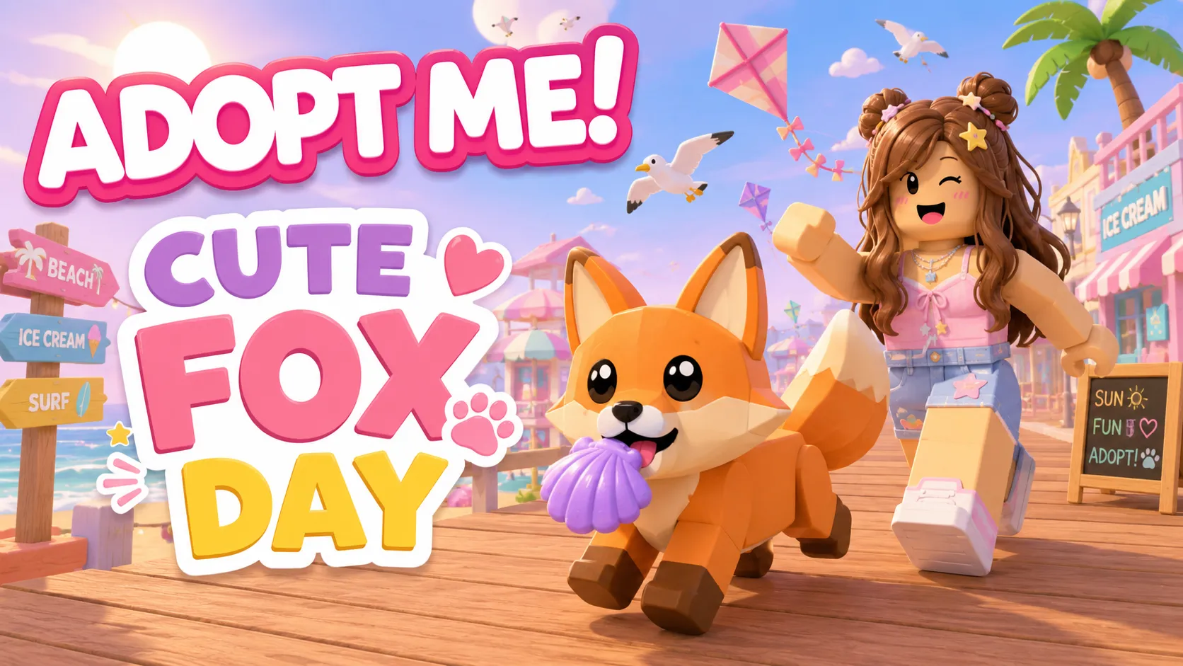 Hình nền Roblox Adopt Me với cáo cam và nhân vật nữ chạy trên bãi biển lễ hội cho màn hình PC 1672x941