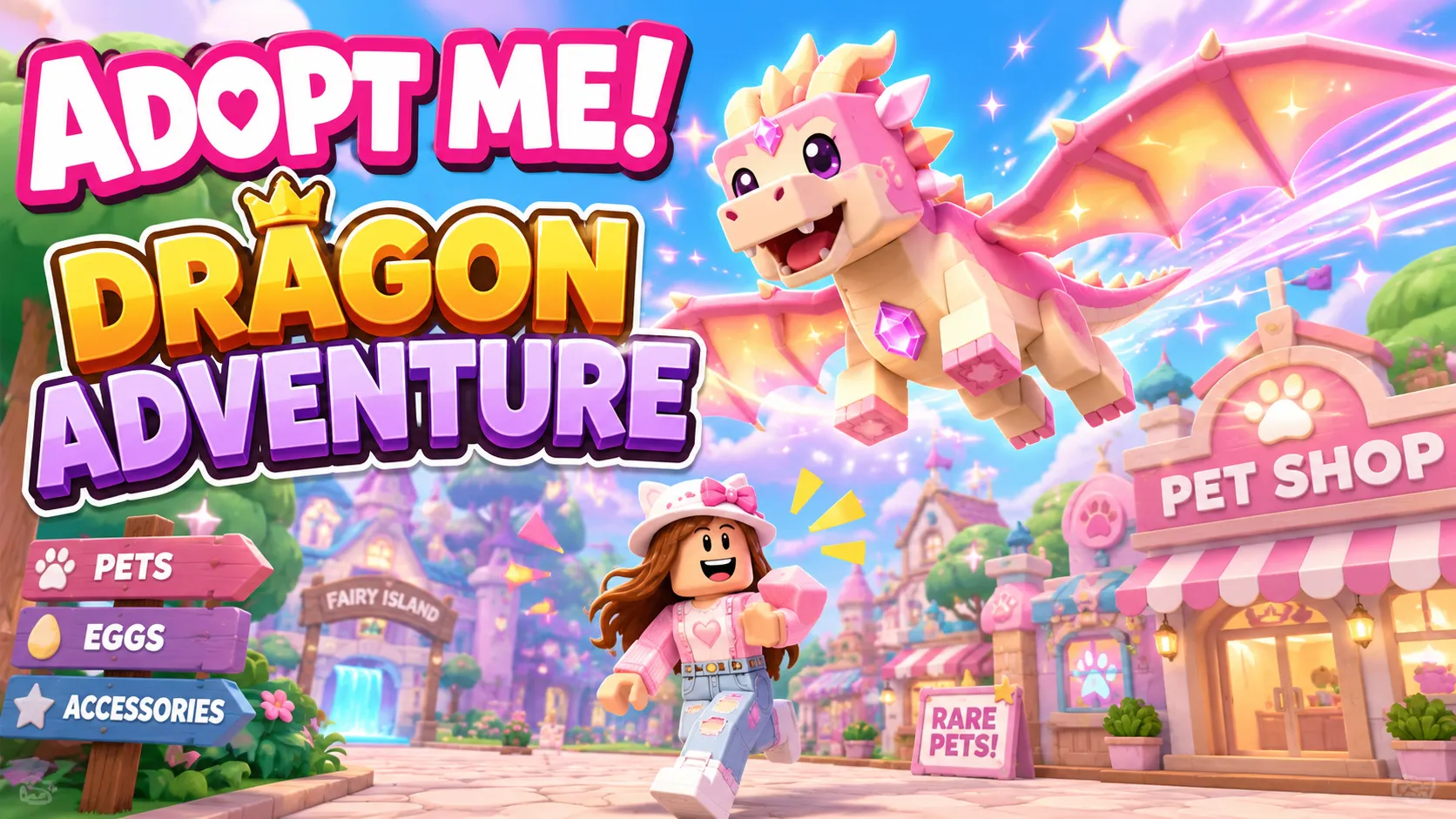 Hình nền Roblox Adopt Me với cô bé Roblox và rồng bay giữa khu phố thú cưng rực rỡ trên PC
