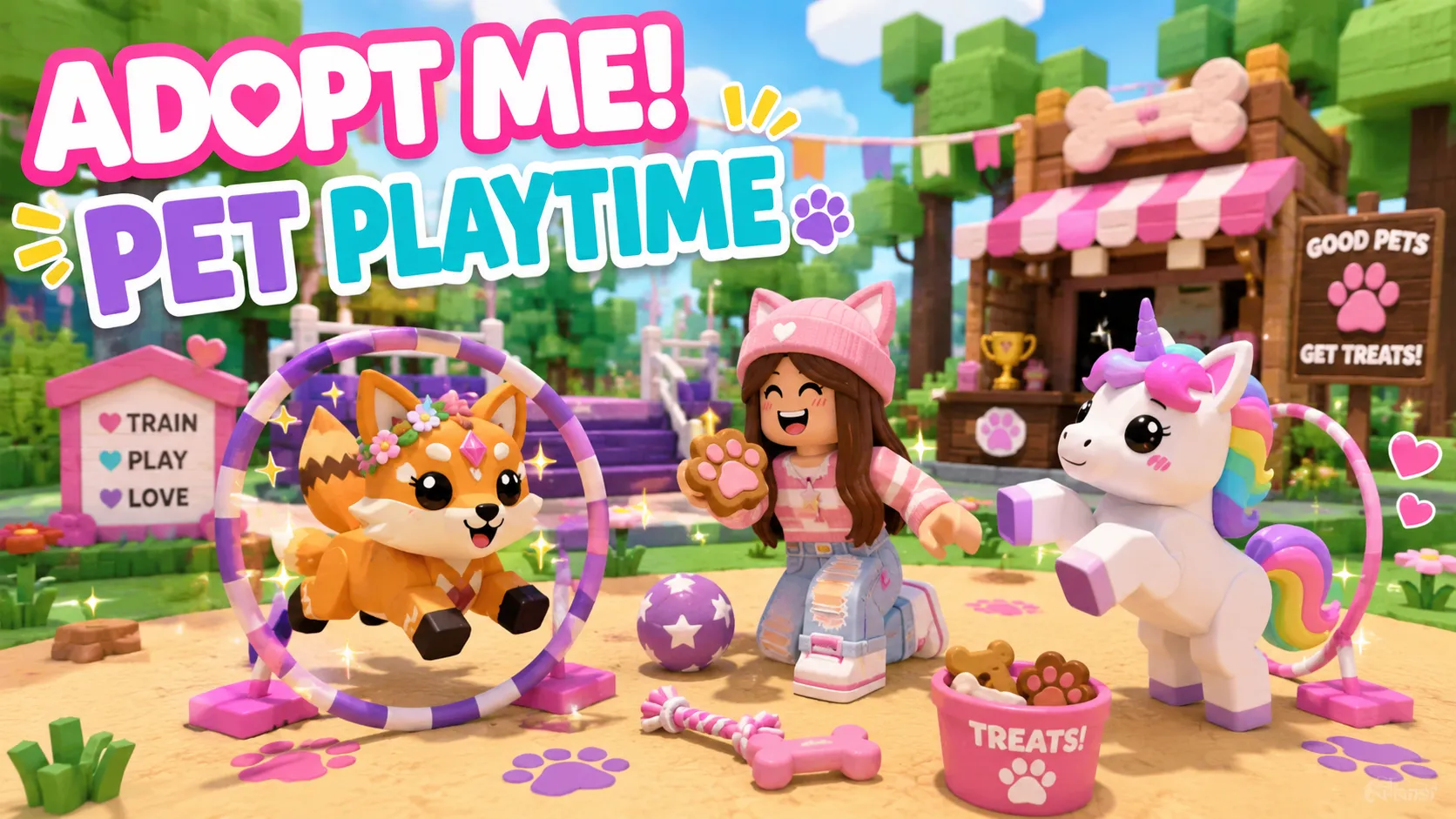 Nhân vật đội mũ tai mèo cầm bánh thưởng cùng kỳ lân và thú cưng nhảy qua vòng trong Roblox Adopt Me