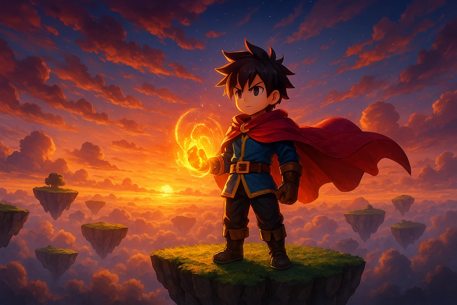Wallpaper phong cách anime fantasy với anh hùng áo choàng đỏ đứng trên đảo bay, cầm quả cầu lửa giữa bầu trời hoàng hôn rực rỡ.