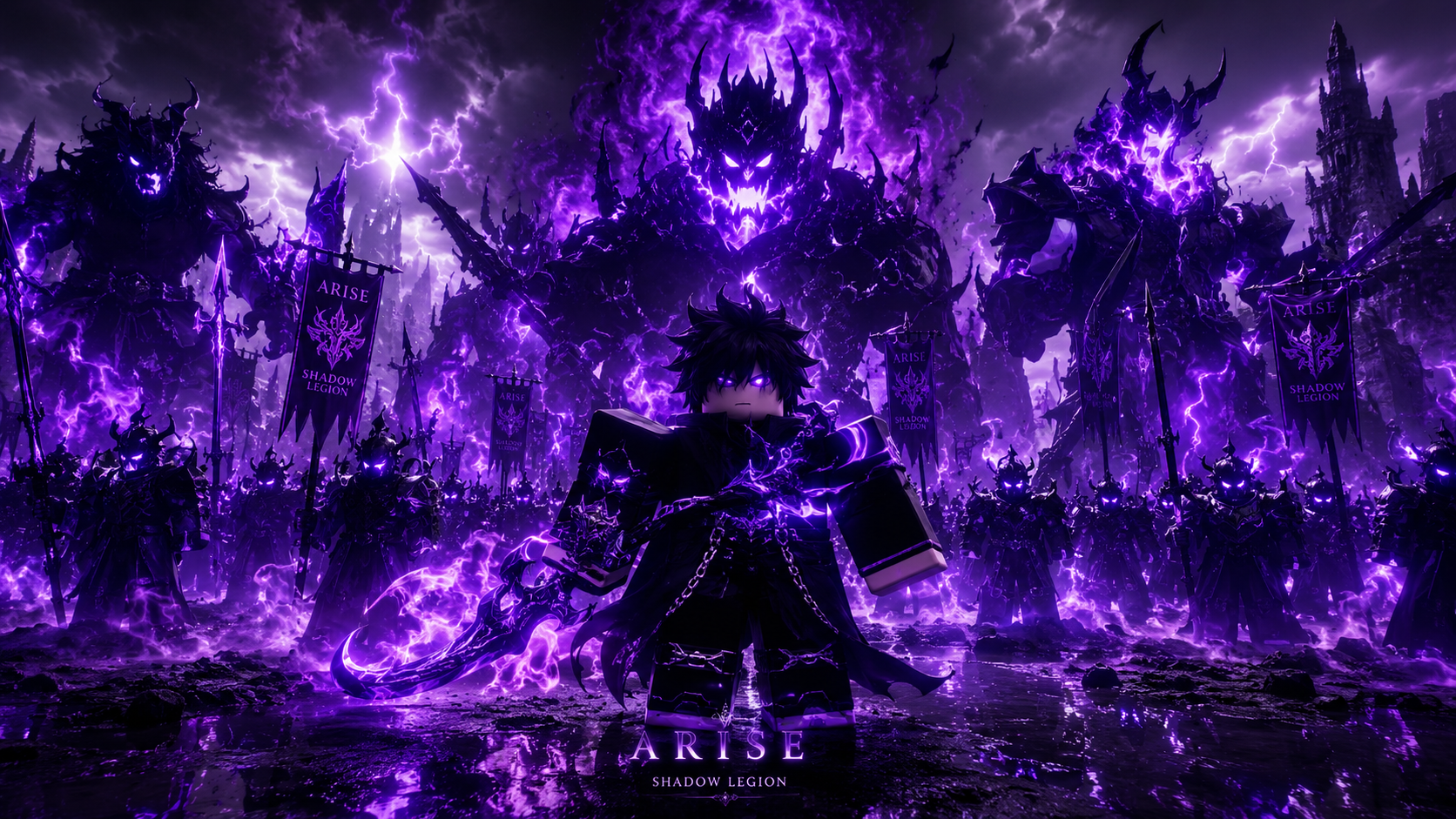 Hình nền Roblox Arise chiến binh bóng tối với hào quang tím 4K
