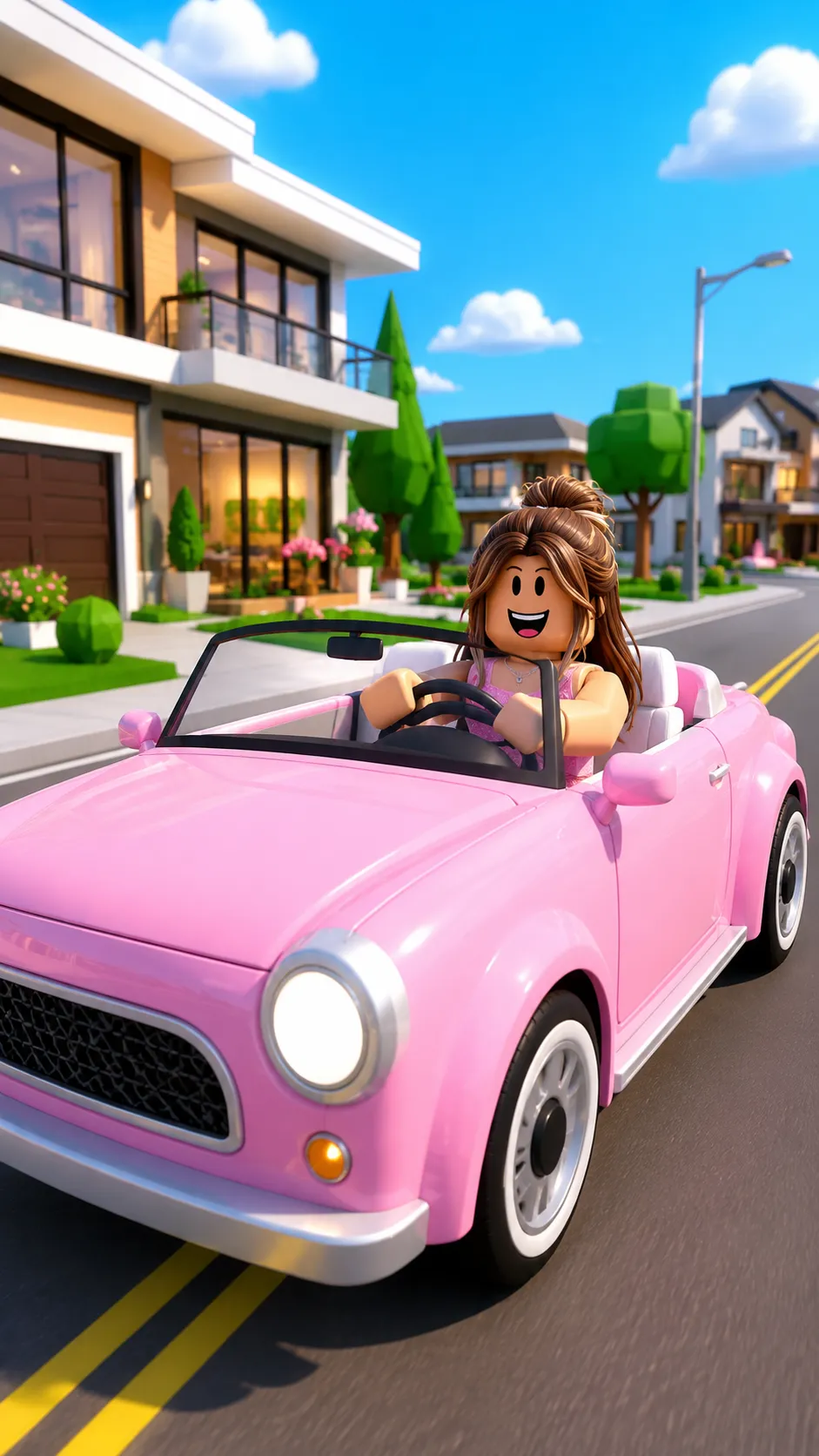 Nhân vật nữ Roblox tóc búi lái xe ô tô mui trần màu hồng trên đường phố khu dân cư Brookhaven