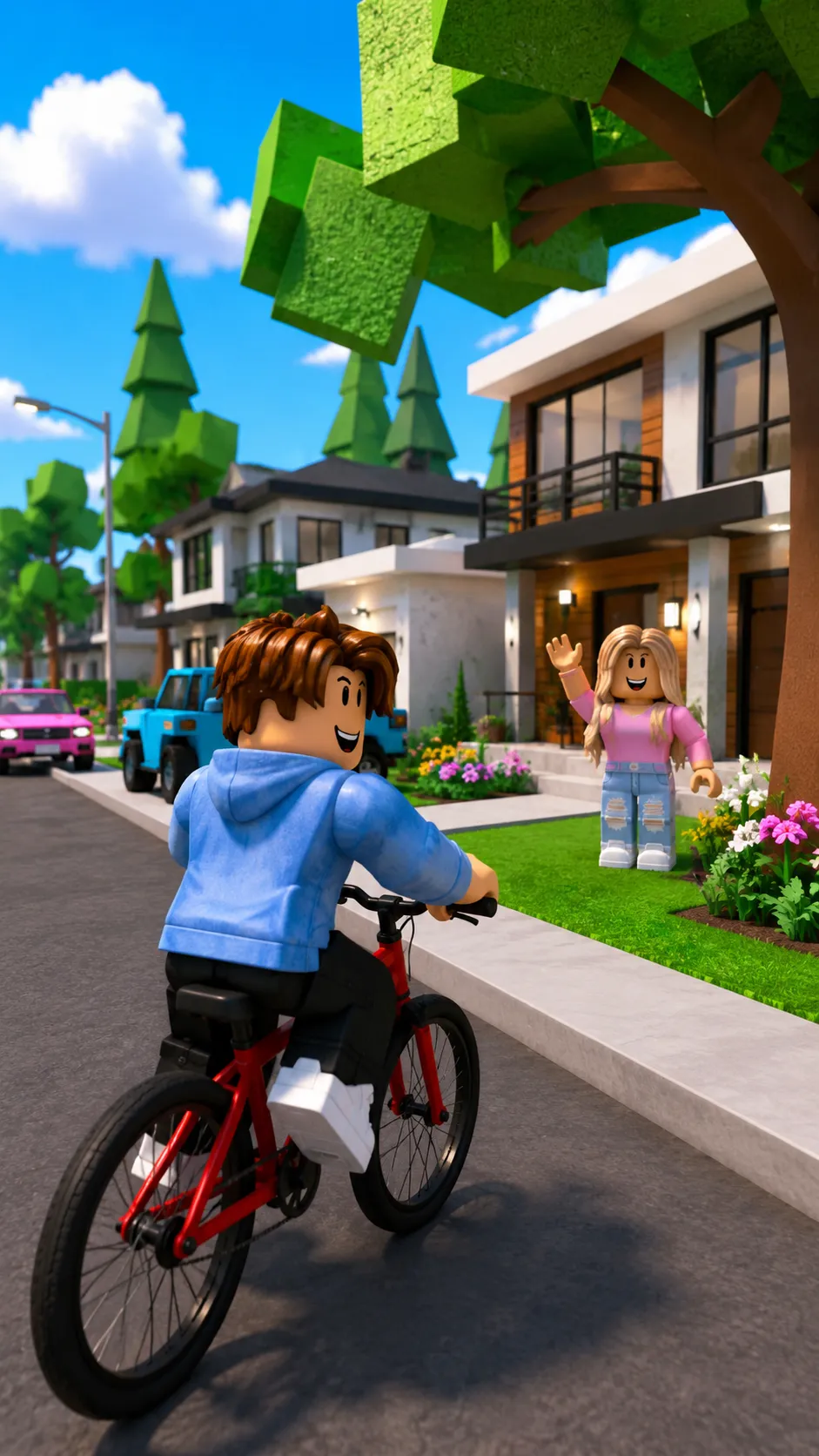 Nhân vật nam Roblox đạp xe đạp đỏ qua nhà phố trong khi nhân vật nữ đứng trên thảm cỏ vẫy tay chào