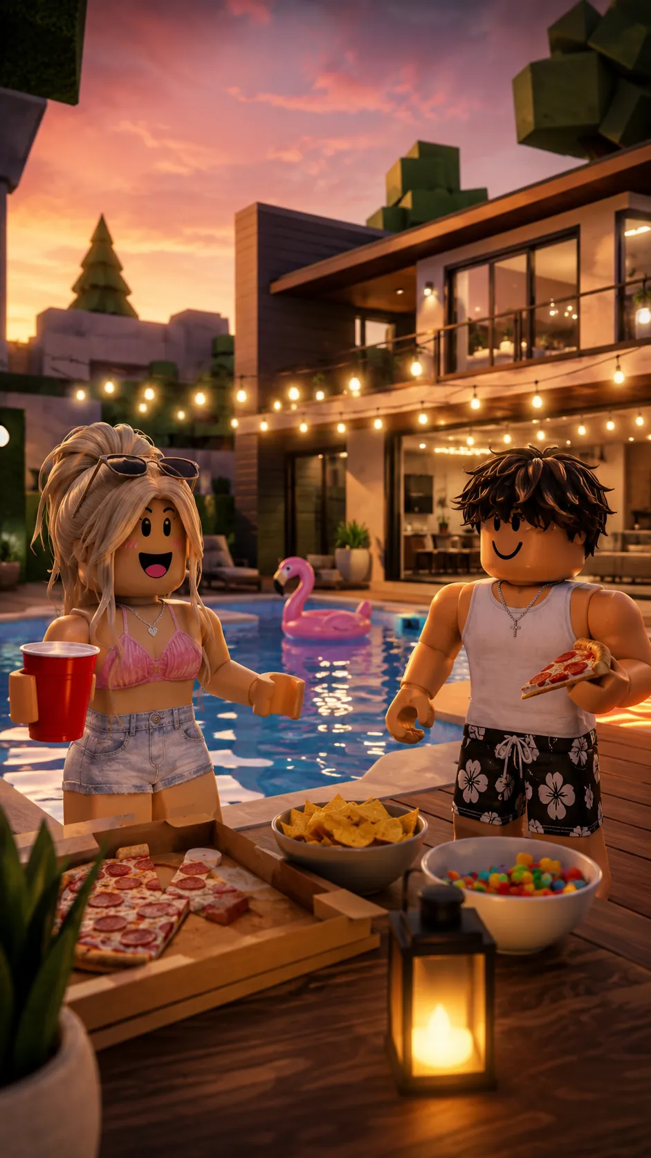 Hình nền Roblox Brookhaven dọc với hai avatar bên hồ bơi trong sân nhà lúc hoàng hôn