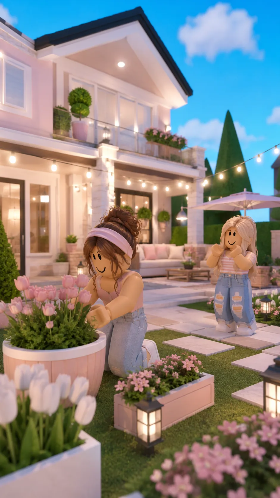 Hai nhân vật Roblox dạng khối chăm sóc bồn hoa tulip trong sân vườn biệt thự lung linh ánh đèn lúc chạng vạng