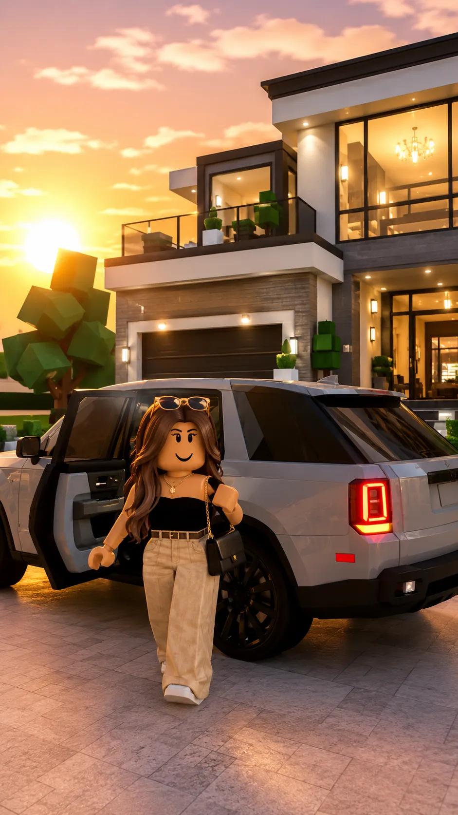 Nhân vật nữ Roblox tóc nâu đứng cạnh cửa xe SUV xám đang mở trước sân biệt thự hoàng hôn