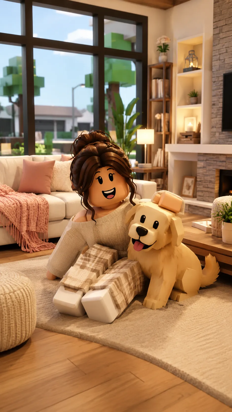 Avatar Roblox ngồi ôm chó trong phòng khách ấm cúng, hình nền dọc cho điện thoại