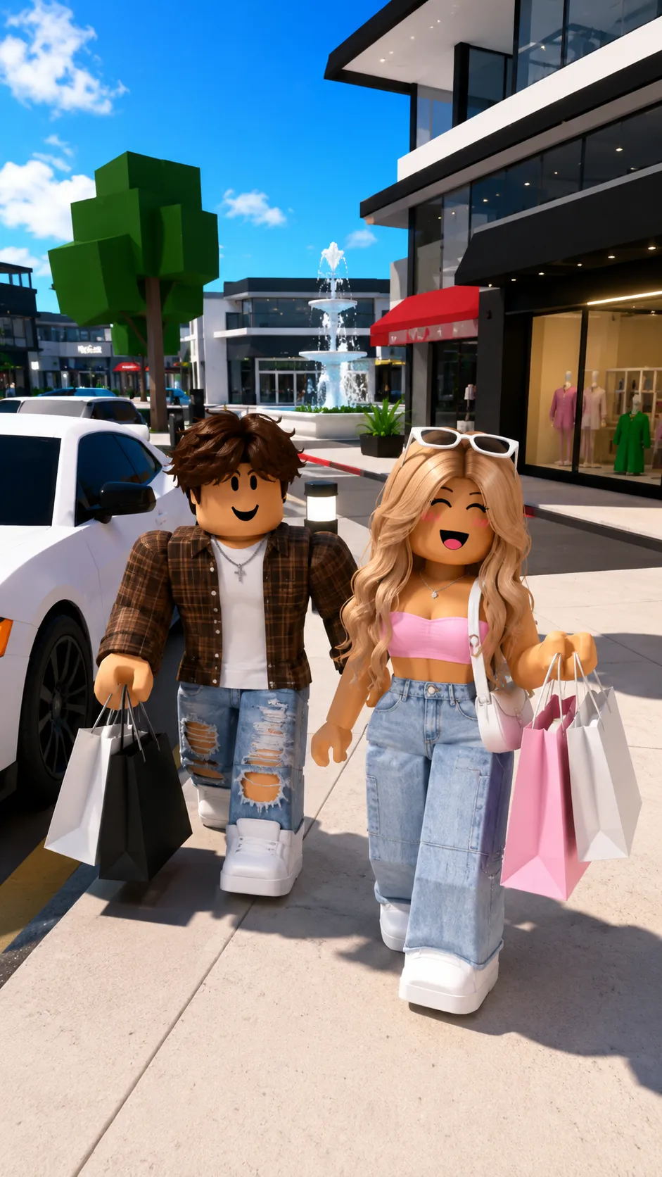 Hai avatar Roblox Brookhaven xách túi mua sắm trên phố đô thị, cạnh đài phun nước và ô tô, bố cục dọc cho điện thoại.