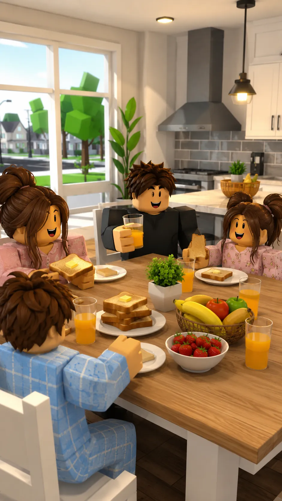Các avatar Roblox dùng bữa sáng cùng nhau trong căn bếp gia đình Brookhaven trên màn hình điện thoại dọc