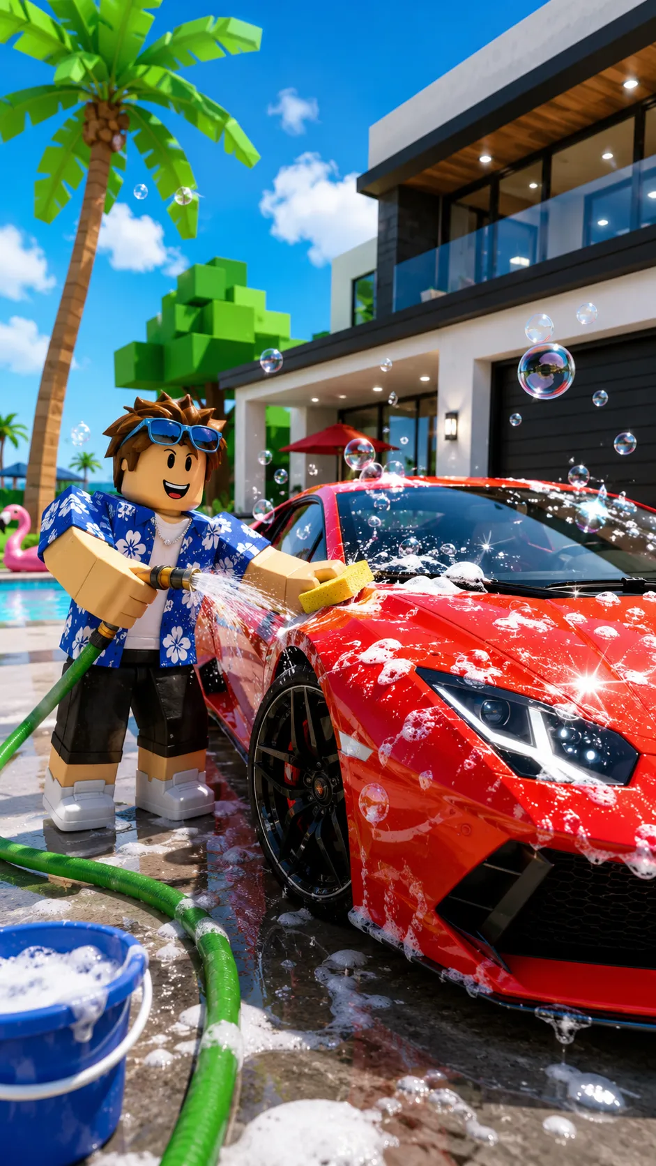 Avatar Roblox rửa siêu xe đỏ trước biệt thự nhiệt đới, ảnh nền dọc cho điện thoại 941x1672