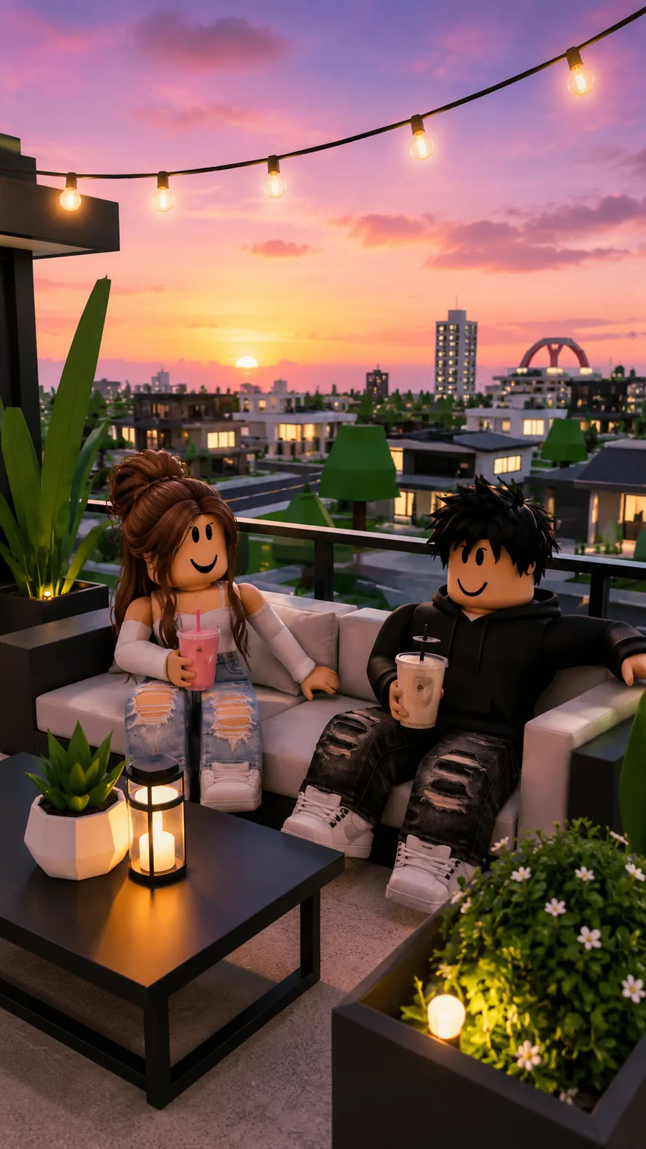 Hai avatar Roblox ngồi trên sân thượng lúc hoàng hôn, nhìn thành phố trong khung dọc cho điện thoại