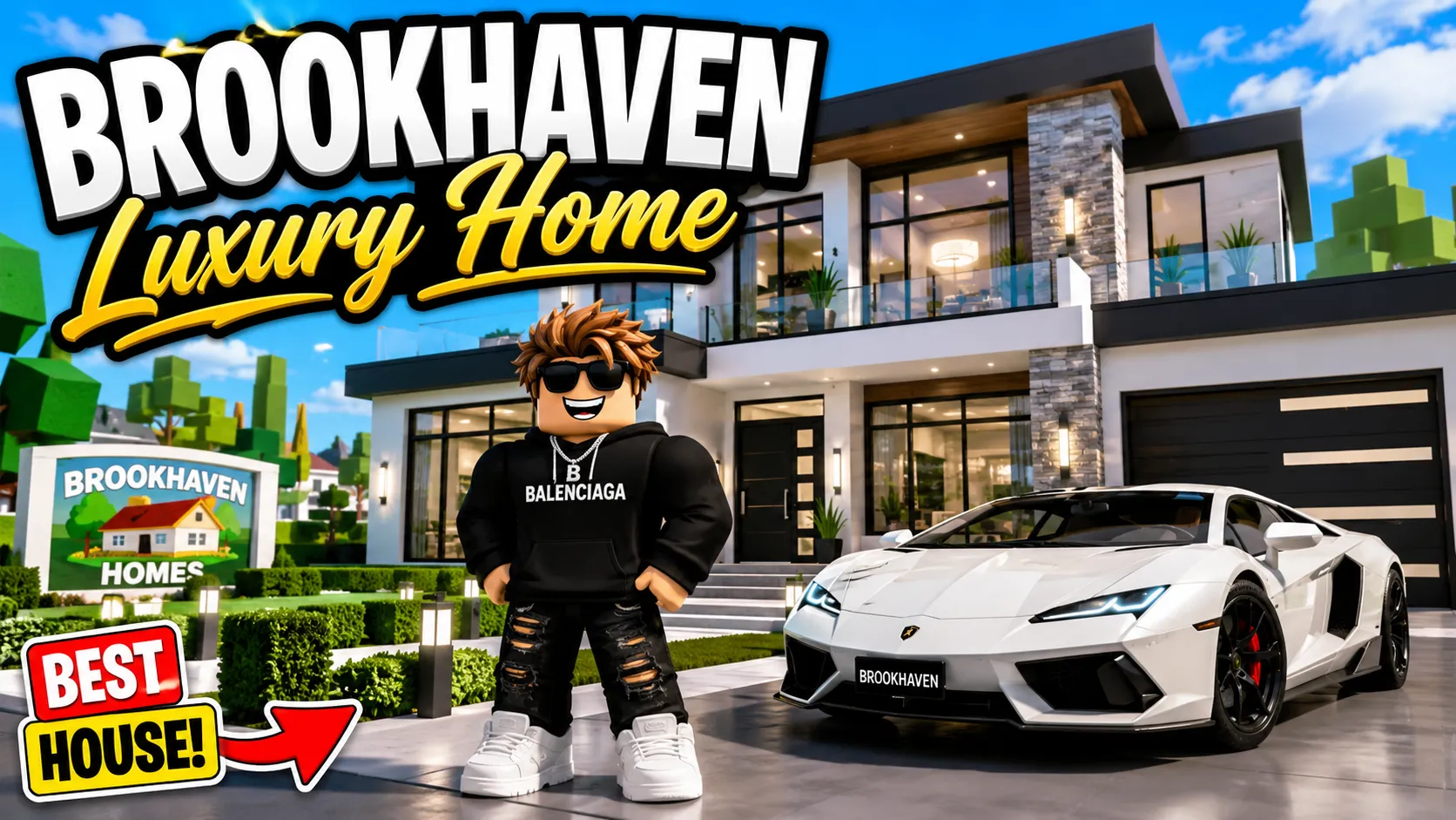 Nhân vật dạng khối mặc áo Balenciaga đứng trước căn nhà hiện đại Luxury Home và xe thể thao trắng trong game Brookhaven