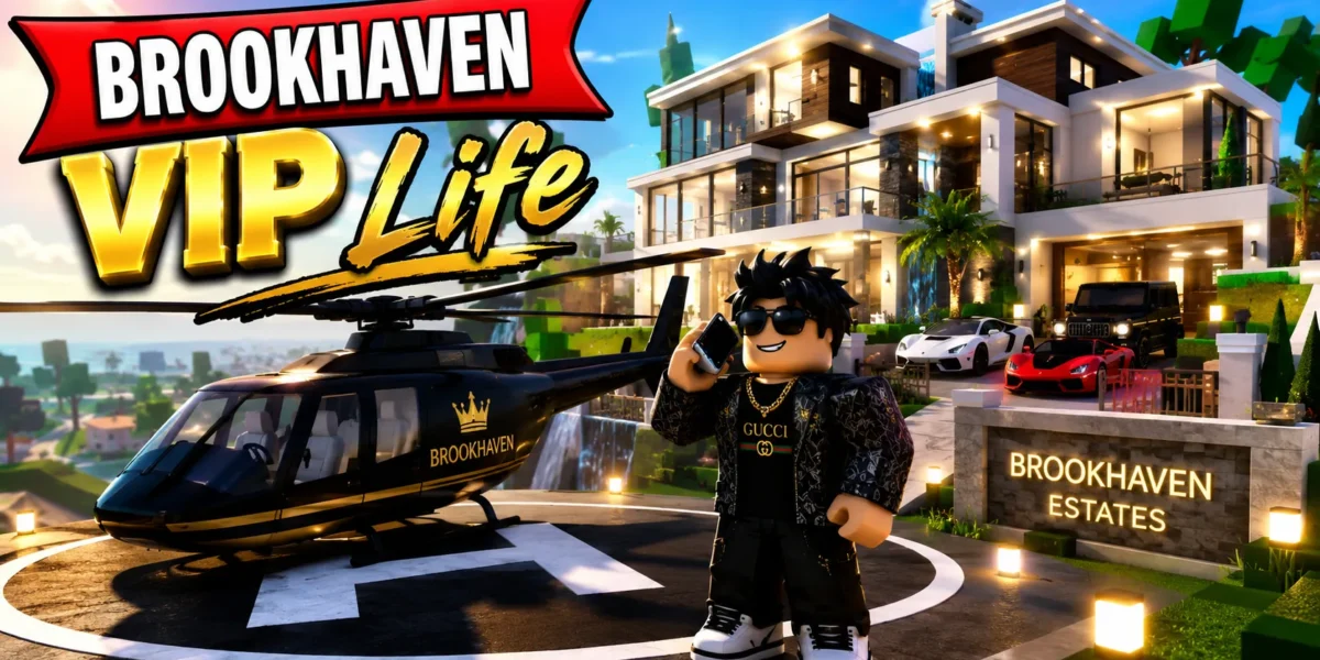 Nhân vật khối Roblox đeo kính nghe điện thoại trên bãi đáp trực thăng cạnh biệt thự Brookhaven Estates và siêu xe