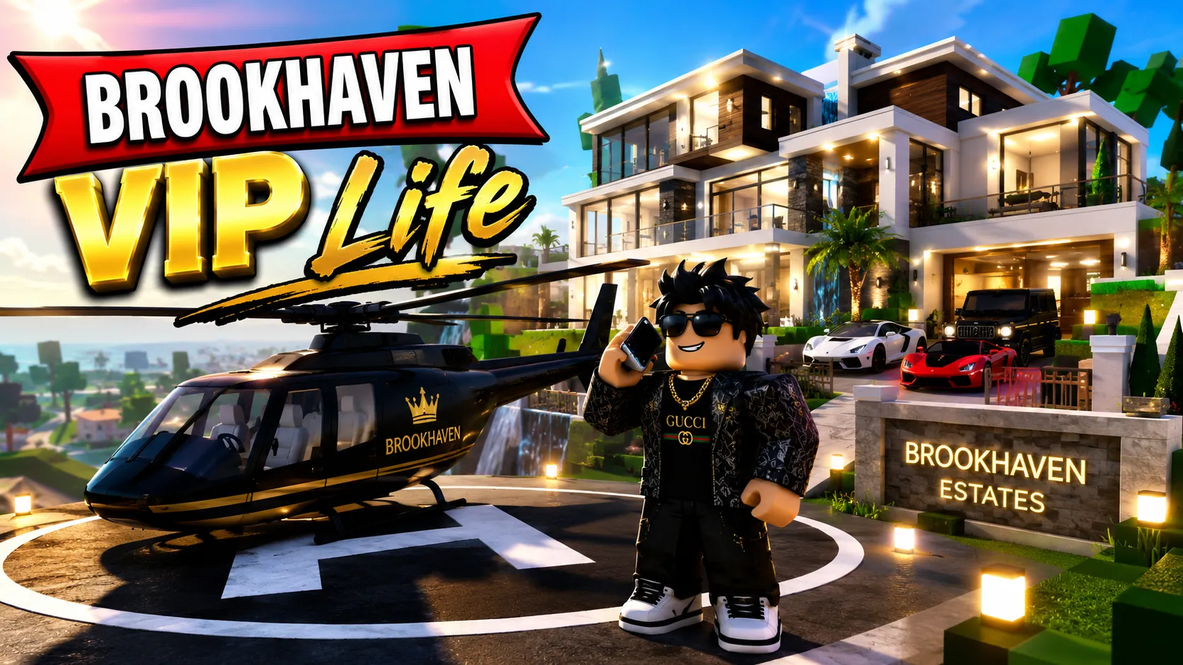Nhân vật khối Roblox đeo kính nghe điện thoại trên bãi đáp trực thăng cạnh biệt thự Brookhaven Estates và siêu xe