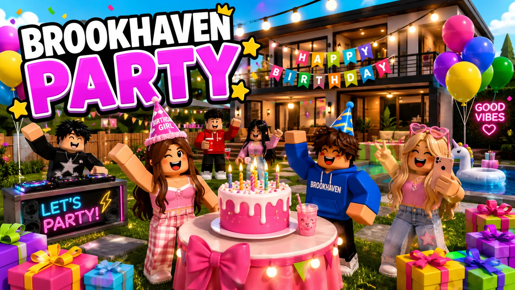 Nhân vật Roblox Brookhaven vui chơi tại tiệc sinh nhật nhiều bóng bay và bánh kem trong không gian ngoài trời