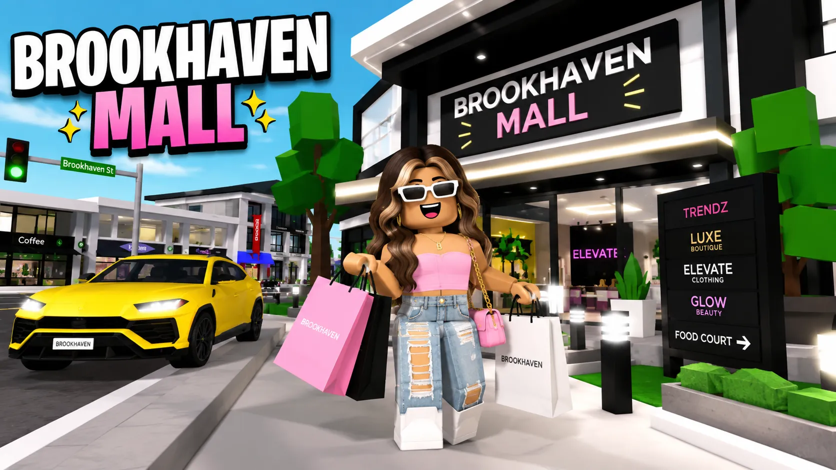 Avatar Roblox cầm túi mua sắm trước Brookhaven Mall, bên cạnh xe thể thao vàng trong phố đô thị