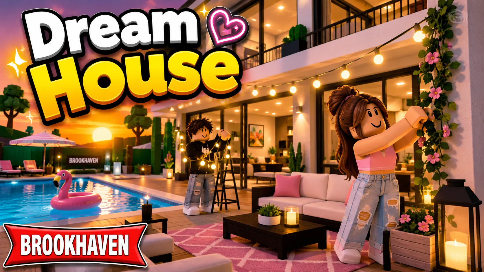 Hình nền Brookhaven Roblox với avatar bên hồ bơi tại ngôi nhà mơ ước, tỷ lệ ngang 1672x941 cho máy tính