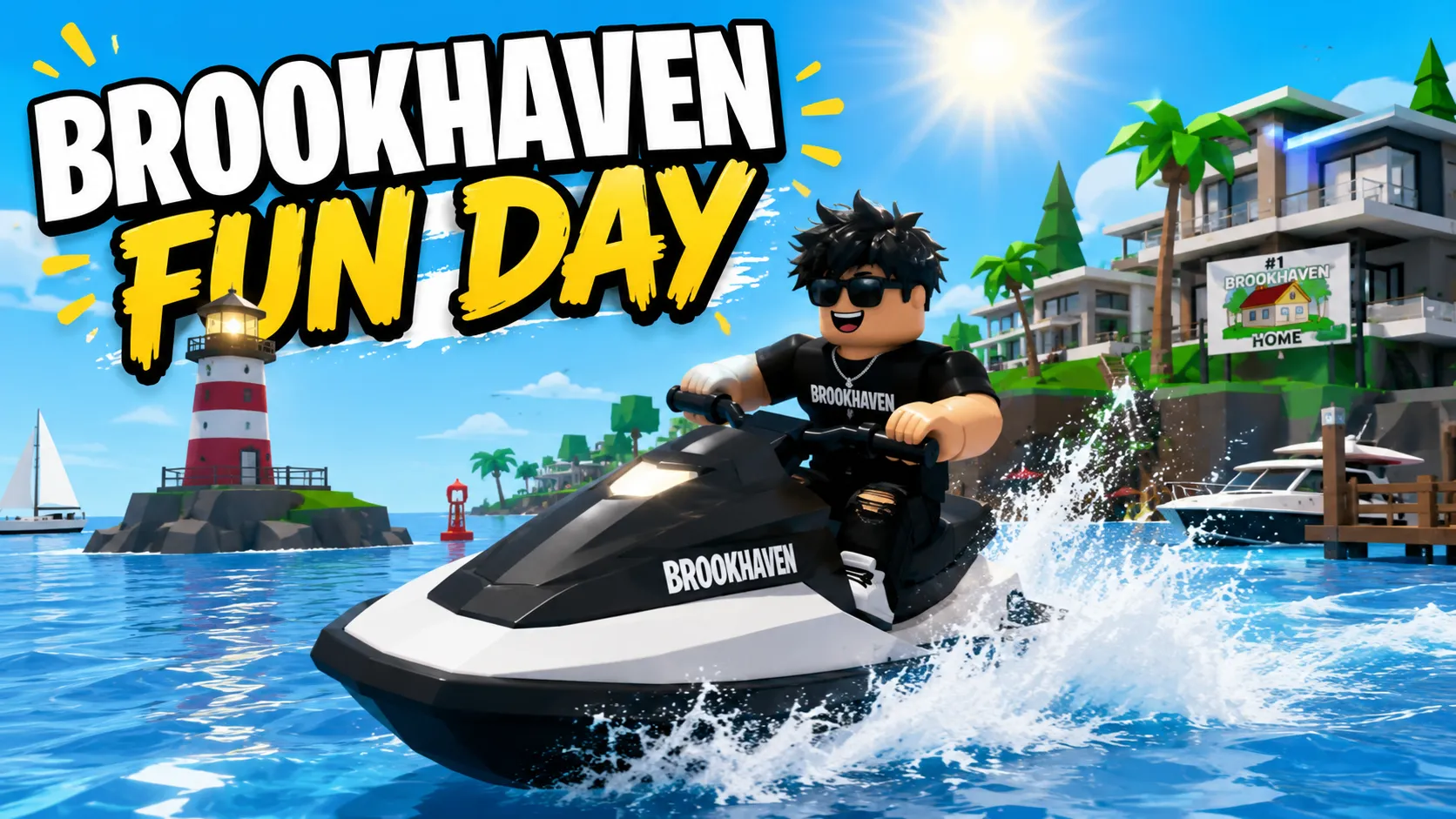 Nhân vật Roblox Brookhaven lái mô tô nước trên biển xanh cạnh hải đăng và khu nghỉ dưỡng, hình nền PC 1672x941
