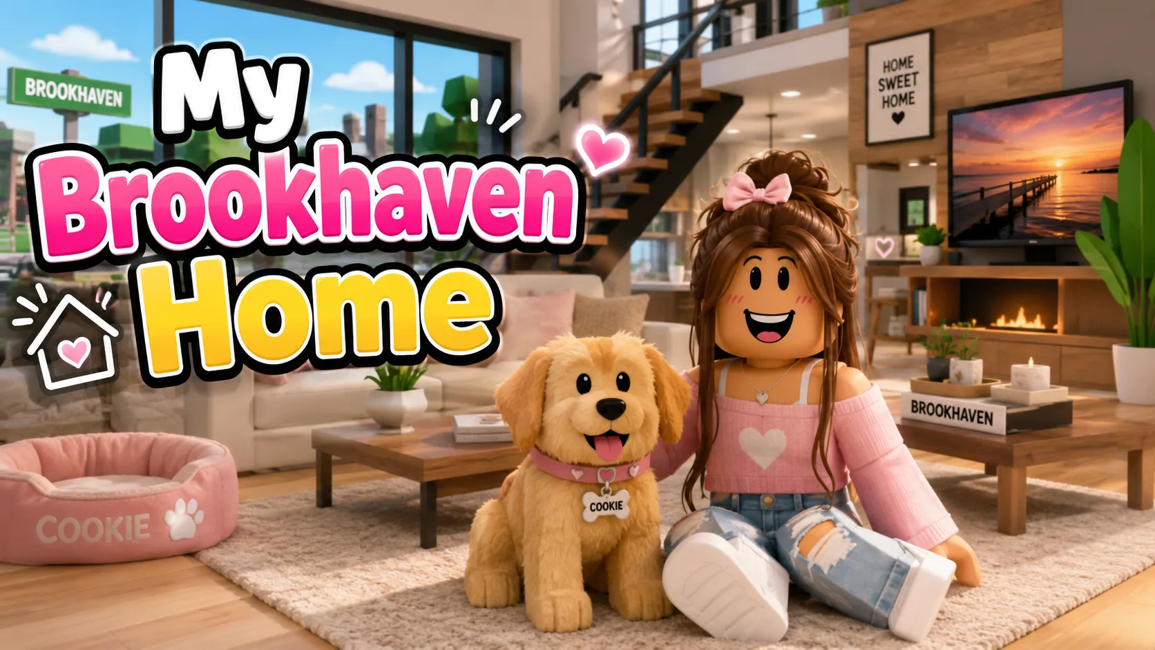 Nhân vật nữ dạng khối thắt nơ hồng ngồi cùng chú chó Cookie trong phòng khách nhà Brookhaven