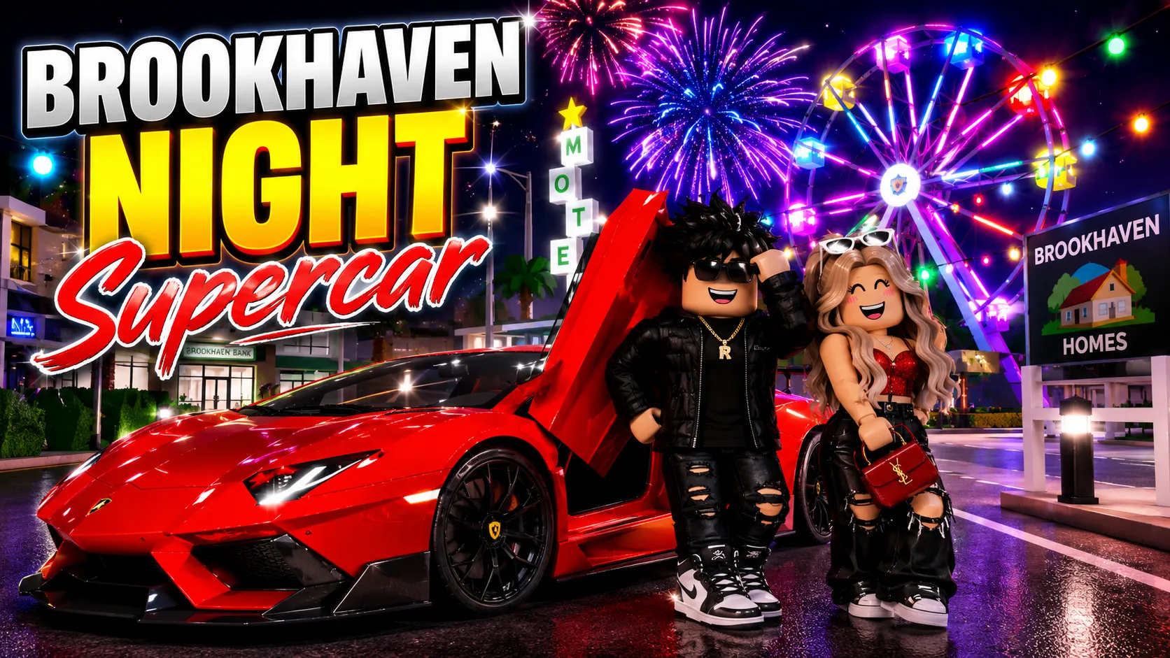 Hình nền Roblox Brookhaven với hai avatar bên siêu xe đỏ trên phố đêm rực rỡ pháo hoa, dành cho máy tính 1672x941.