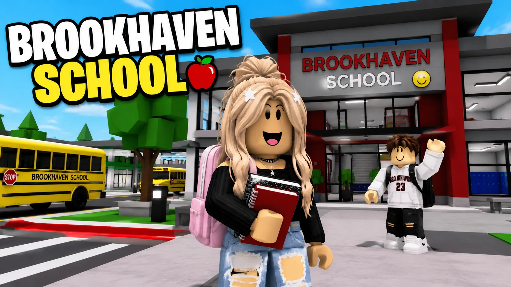 Nhân vật Roblox cầm sách trước trường Brookhaven School, xe buýt vàng phía sau, hình nền PC ngang 1672x941