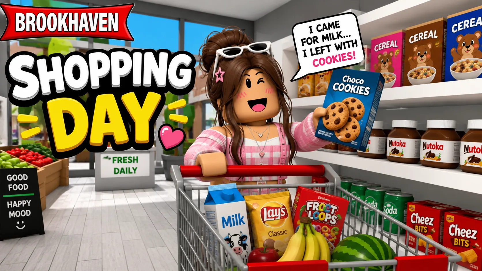 Avatar Roblox Brookhaven đẩy xe mua sắm trong siêu thị, hình nền ngang cho máy tính 1672x941