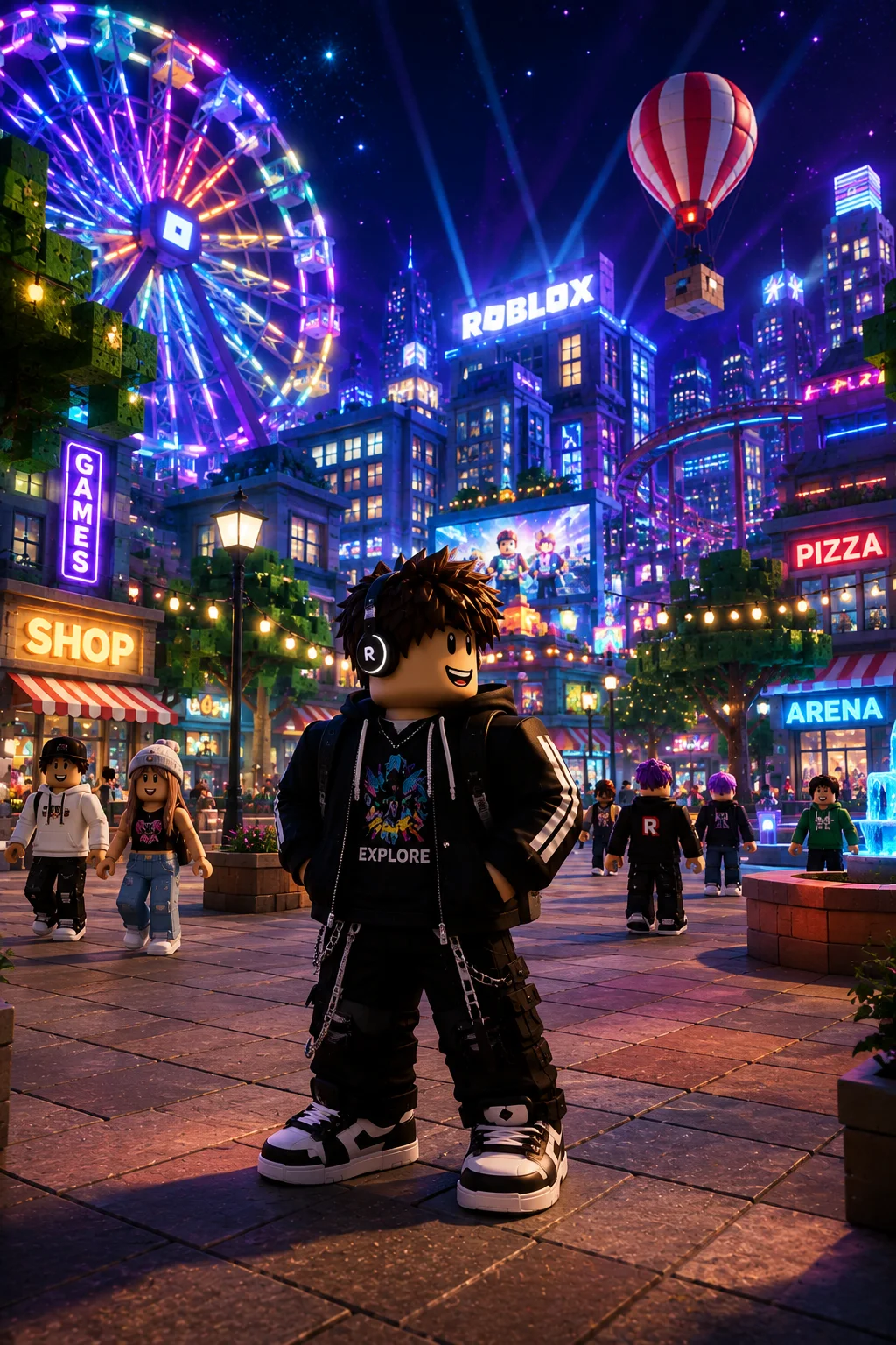 Nhân vật Roblox tóc đen đeo tai nghe đứng tại quảng trường giải trí ban đêm với vòng đu quay neon, khinh khí cầu và đài phun nước rực rỡ sắc màu.