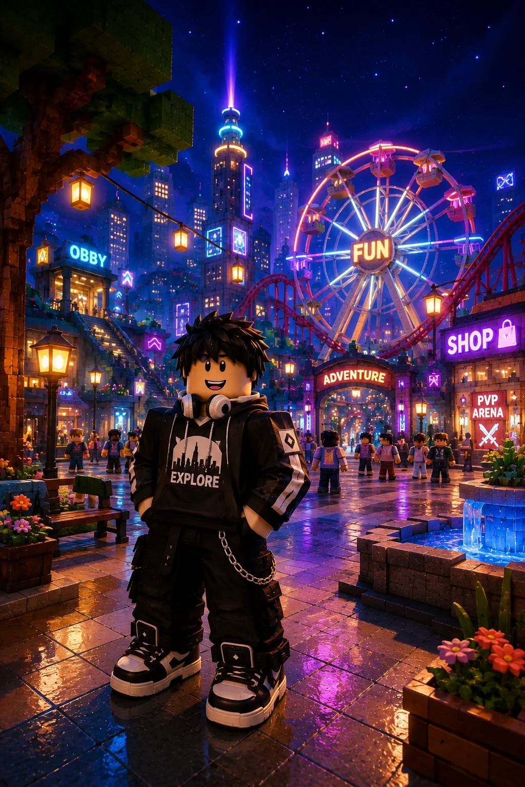 Nhân vật Roblox đứng trong khu vui chơi đô thị neon với vòng quay và biển hiệu phát sáng