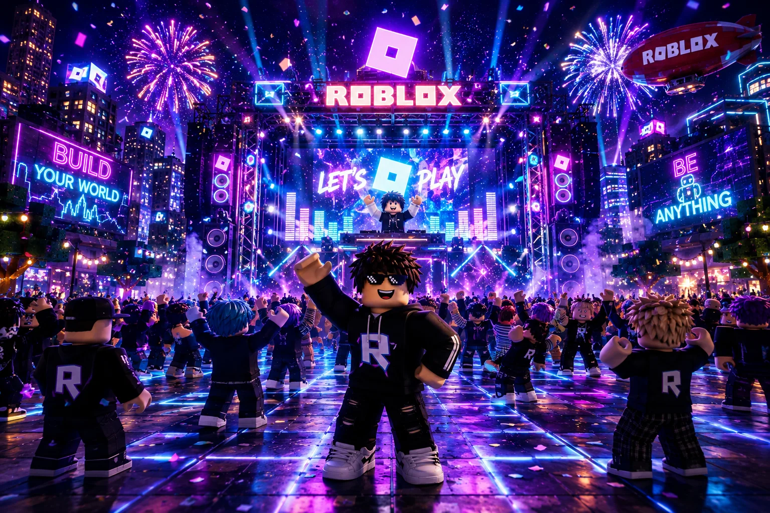 Đám đông nhân vật Roblox giơ tay hưởng ứng trước sân khấu lớn ngập tràn pháo hoa, ánh sáng neon tím xanh cùng khinh khí cầu đỏ bay trên bầu trời đêm.