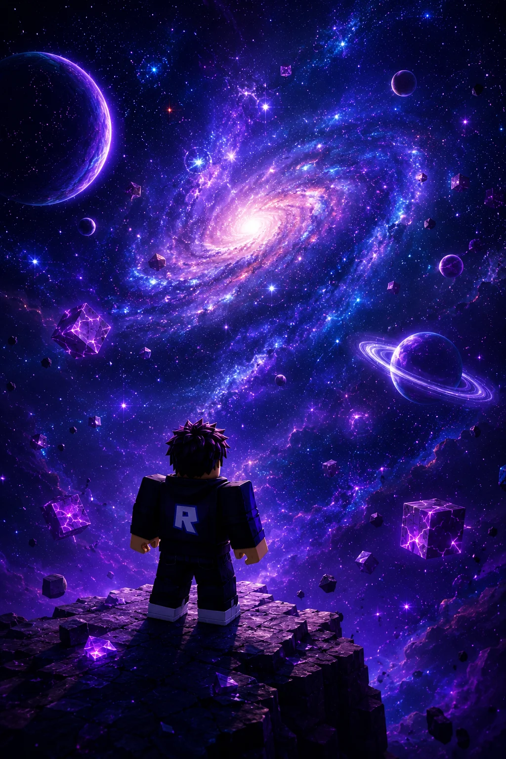 Nhân vật Roblox đứng trên vách đá trước thiên hà xoắn ốc tím trong không gian vũ trụ, hình nền dọc cho di động