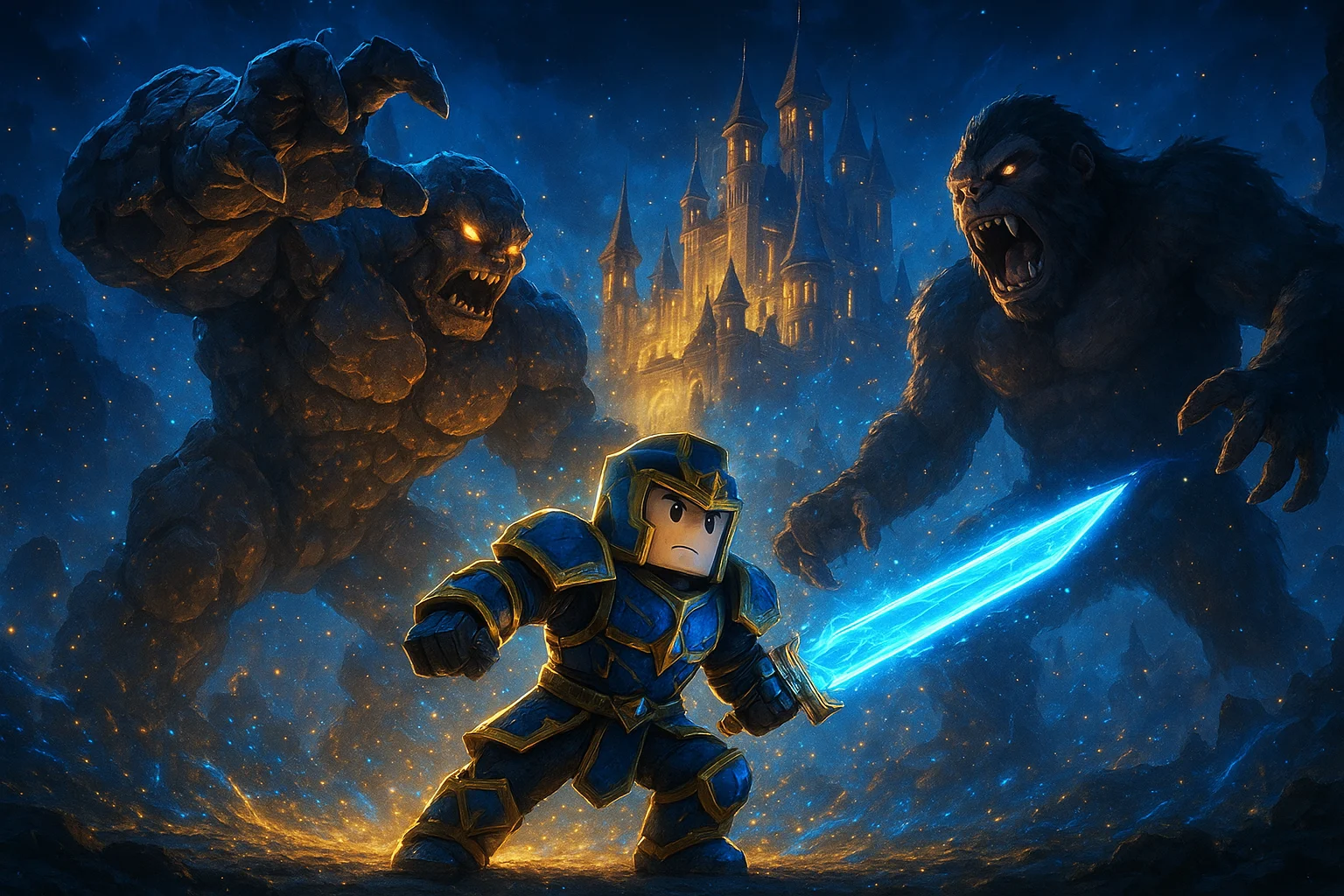 Wallpaper Roblox fantasy với hiệp sĩ giáp xanh cầm kiếm phát sáng đối đầu quái vật đá và khỉ khổng lồ trước lâu đài huyền bí.