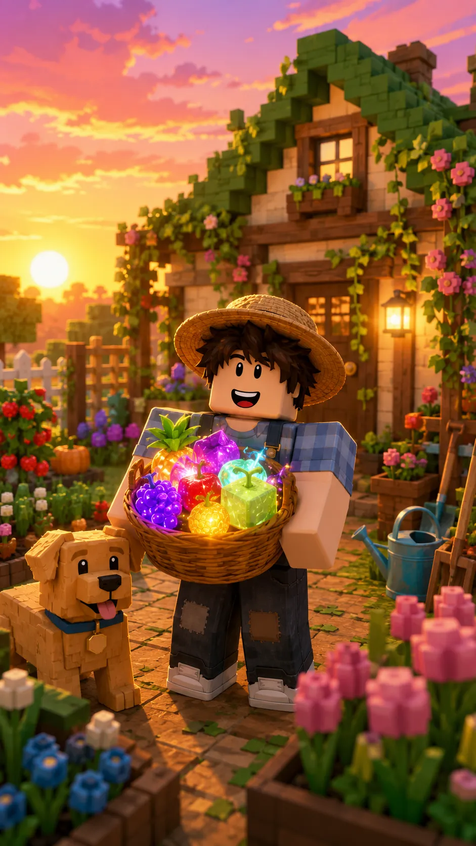 Nhân vật Roblox đội mũ rơm ôm giỏ hoa cạnh chó trong vườn nhà gỗ lúc hoàng hôn, hình nền dọc cho mobile