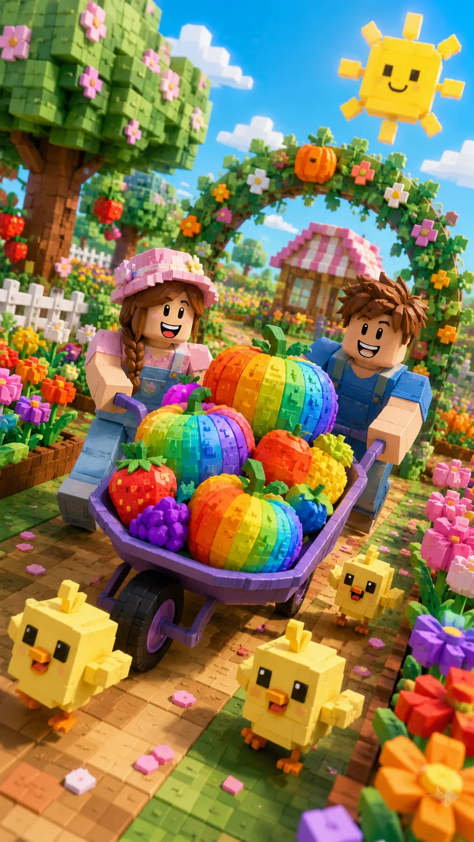 Nhân vật Roblox đẩy xe đầy bí ngô và trái cây trong khu vườn hoạt hình, hình nền dọc cho điện thoại