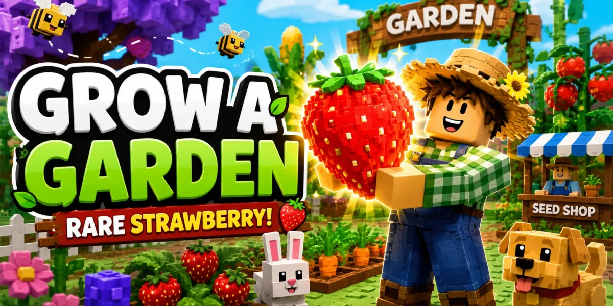 Hình nền Roblox Grow a Garden với nhân vật đội mũ rơm, vườn dâu, thỏ và chó trong khung PC ngang 1672x941