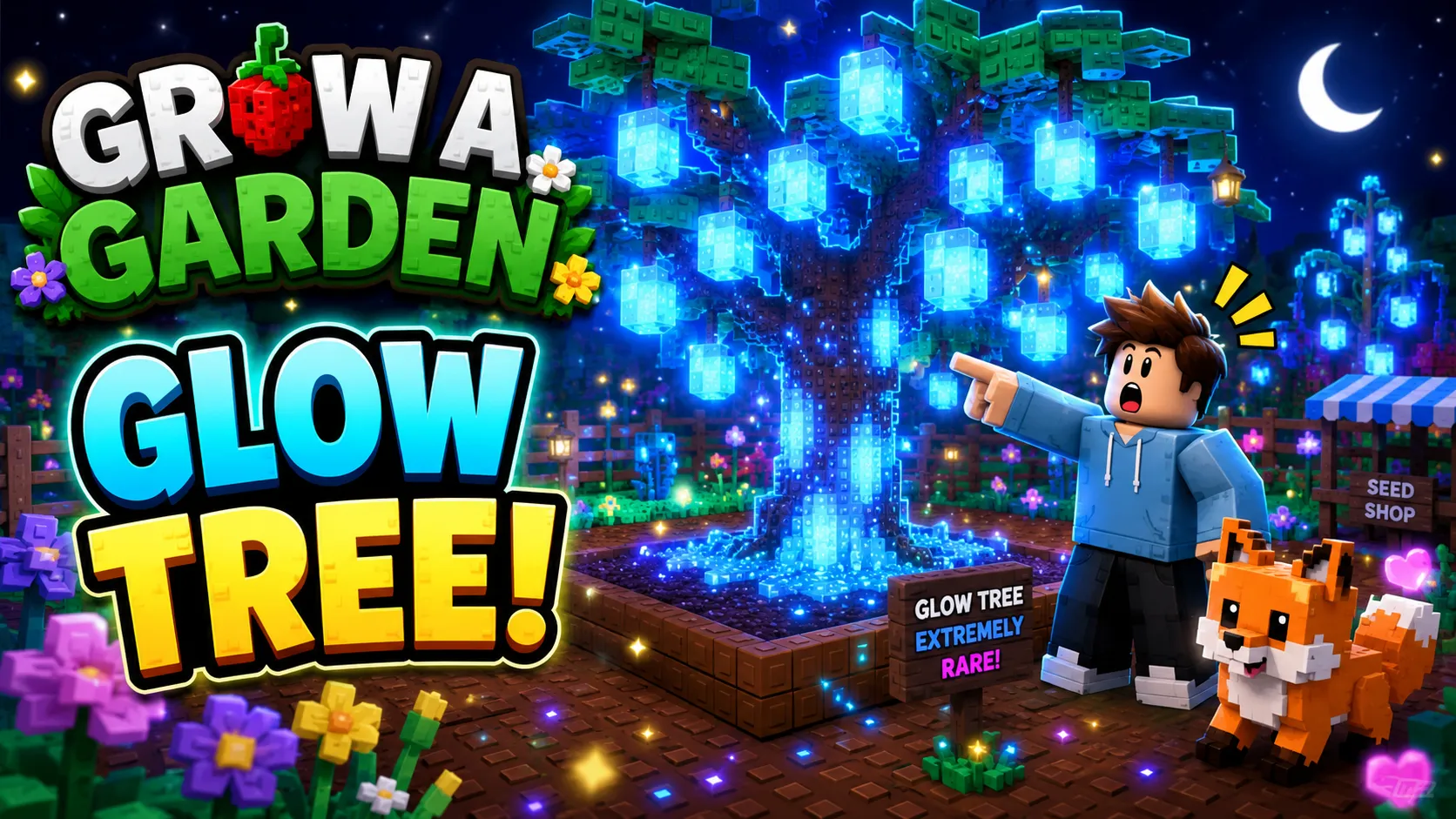 Hình nền PC Roblox Grow a Garden với nhân vật bên cây phát sáng, cáo nhỏ và khung cảnh đêm xanh
